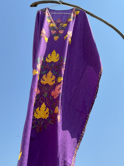 Purple Long Kashmiri Aari Embroidered Long Kaftan