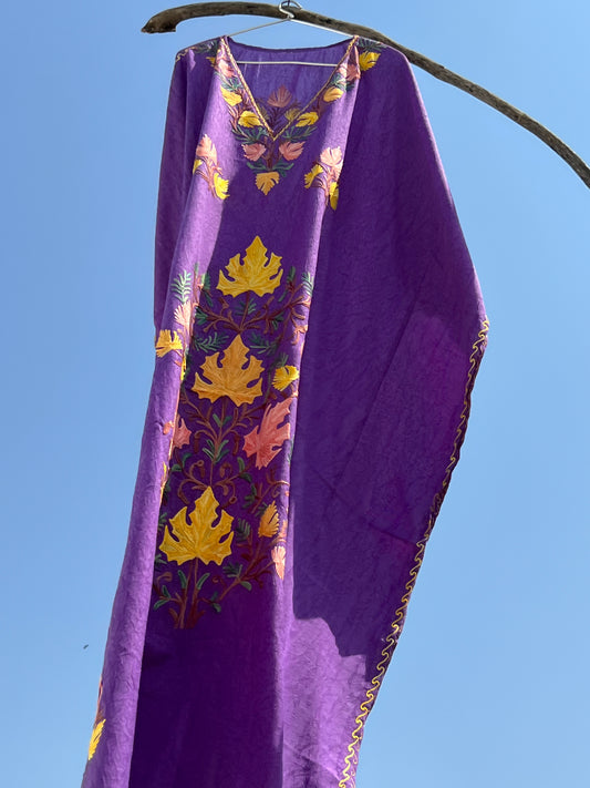 Purple Long Kashmiri Aari Embroidered Long Kaftan