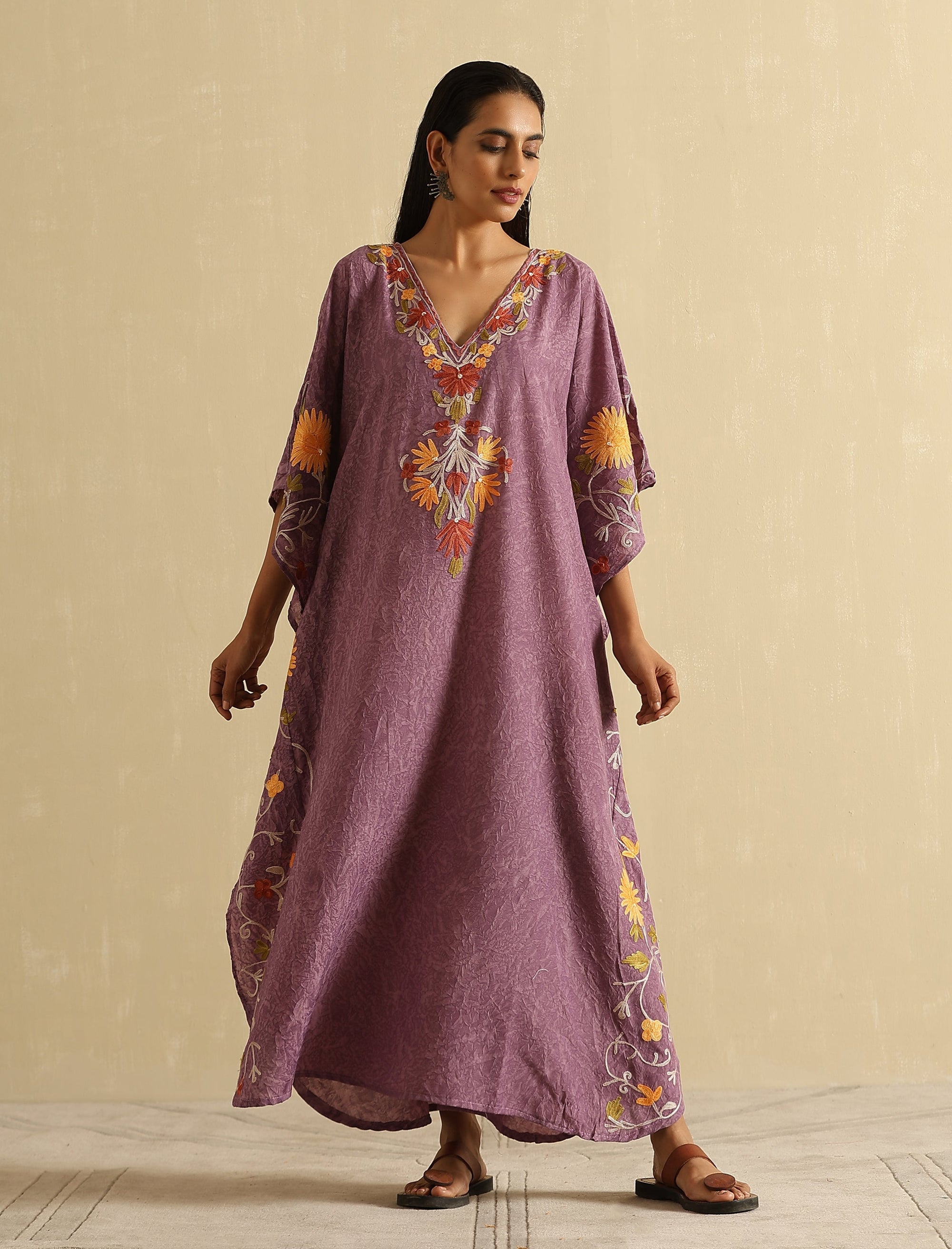 Mauve_Aari_Embroidered_Kashmiri_Long_Cotton_Kaftan_shop_Namastay