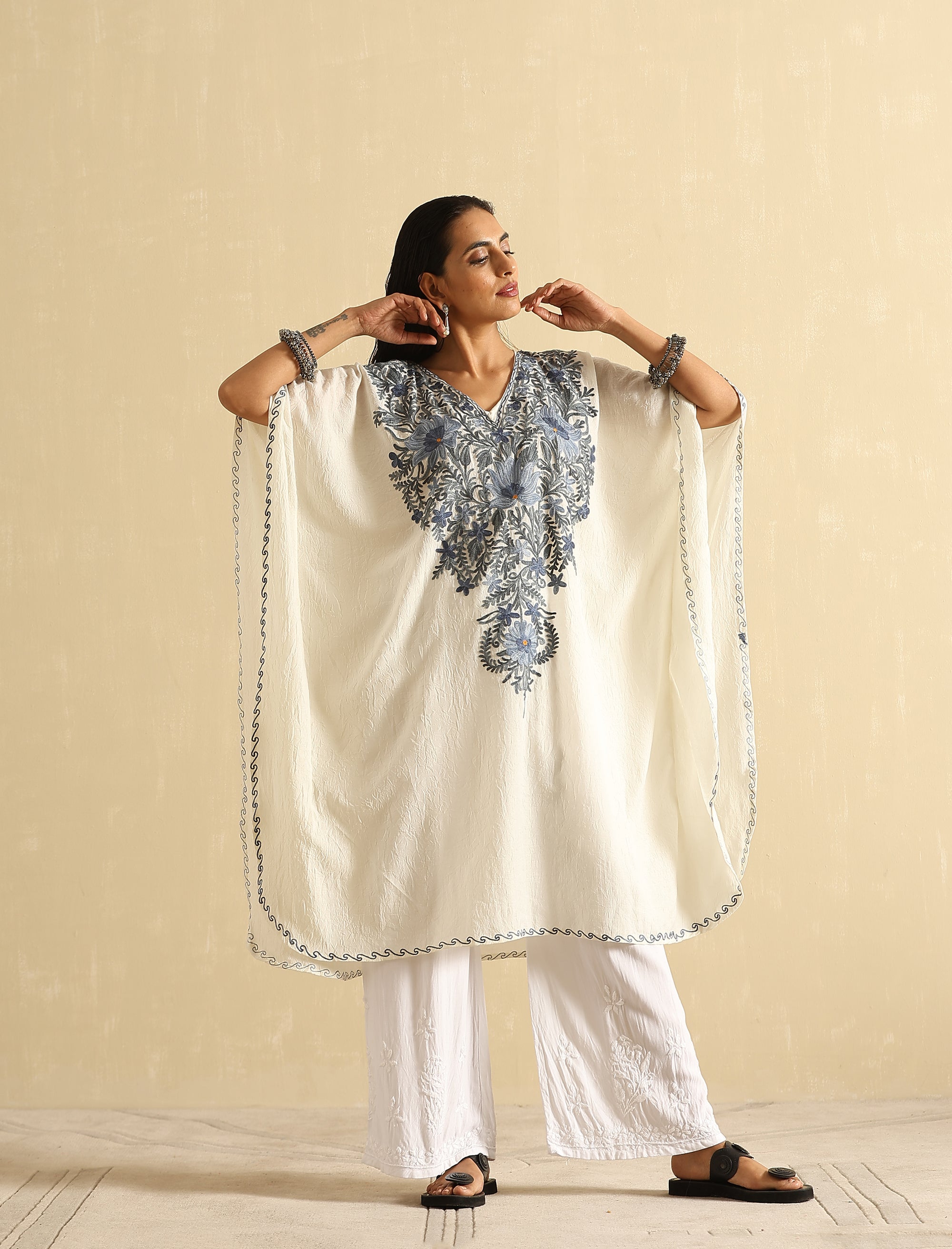 Pearl_White_Aari_Embroidered_Kashmiri_Short_Cotton_Kaftan_shop_Namastay