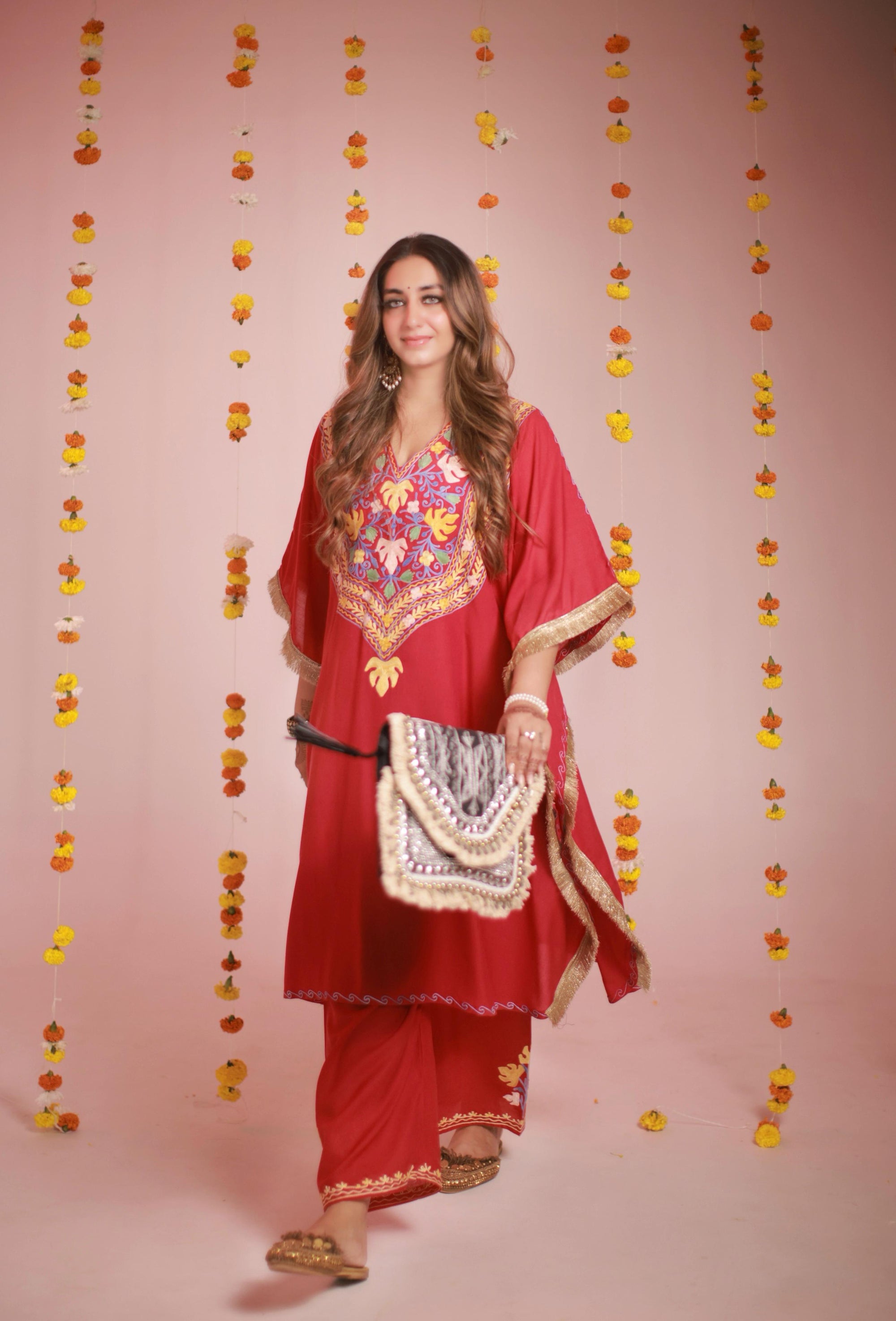 Myra_Red_Fringe_Kashmiri_Cotton_Kaftan_Coord_Set_shop_Namastay