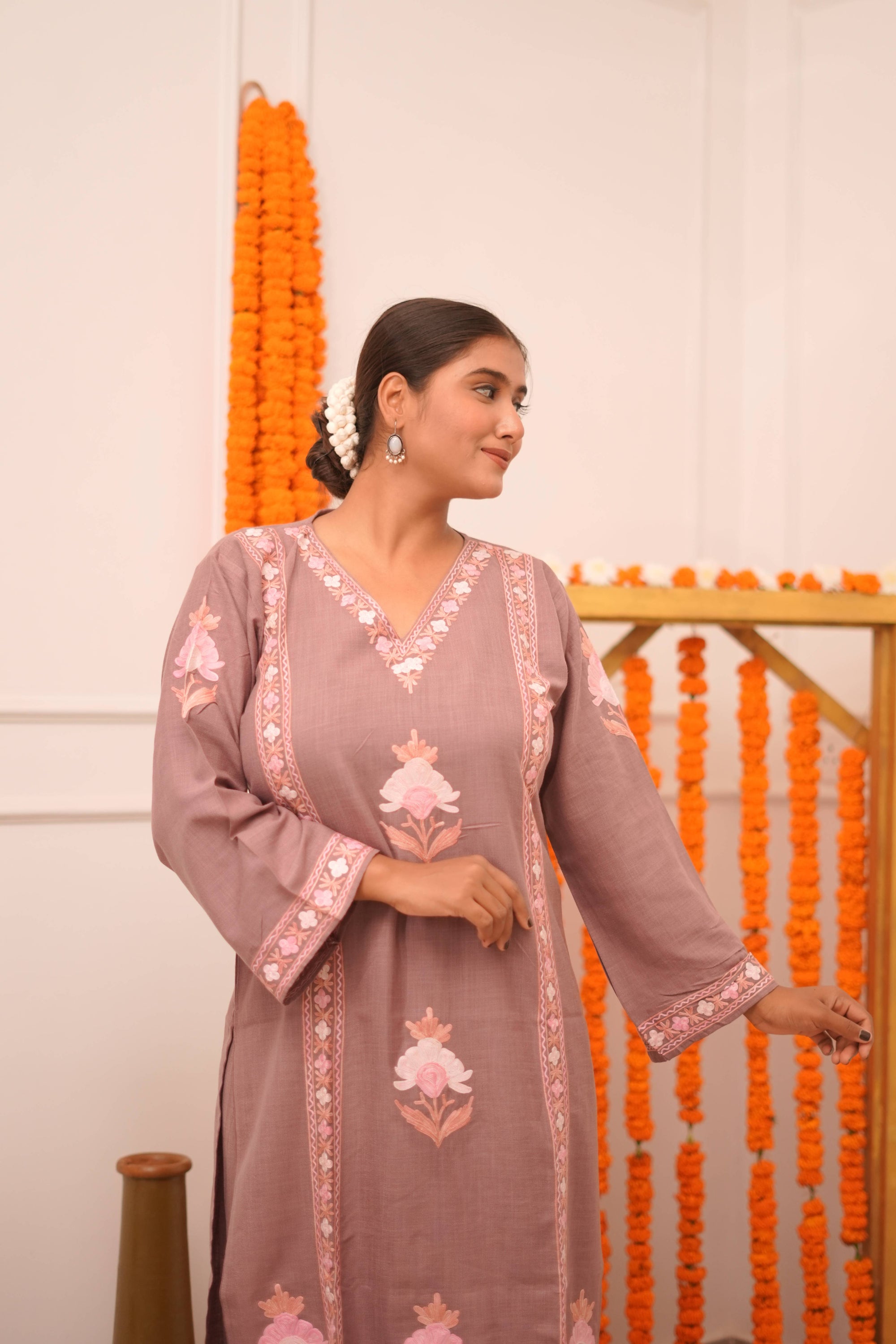 Noor Chai Pink Cotton Kashmiri Kurta and Pants Set