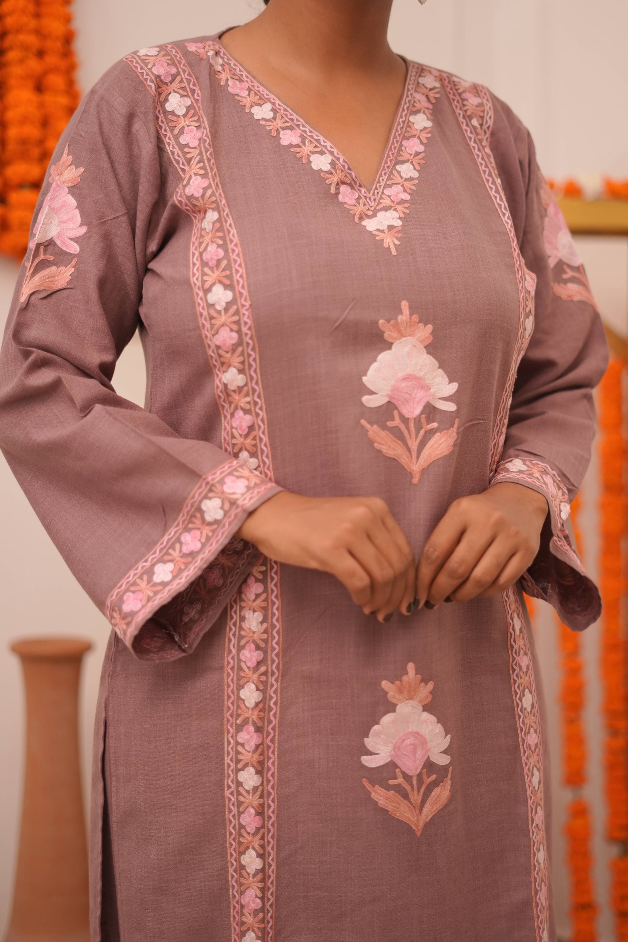 Noor Chai Pink Cotton Kashmiri Kurta and Pants Set