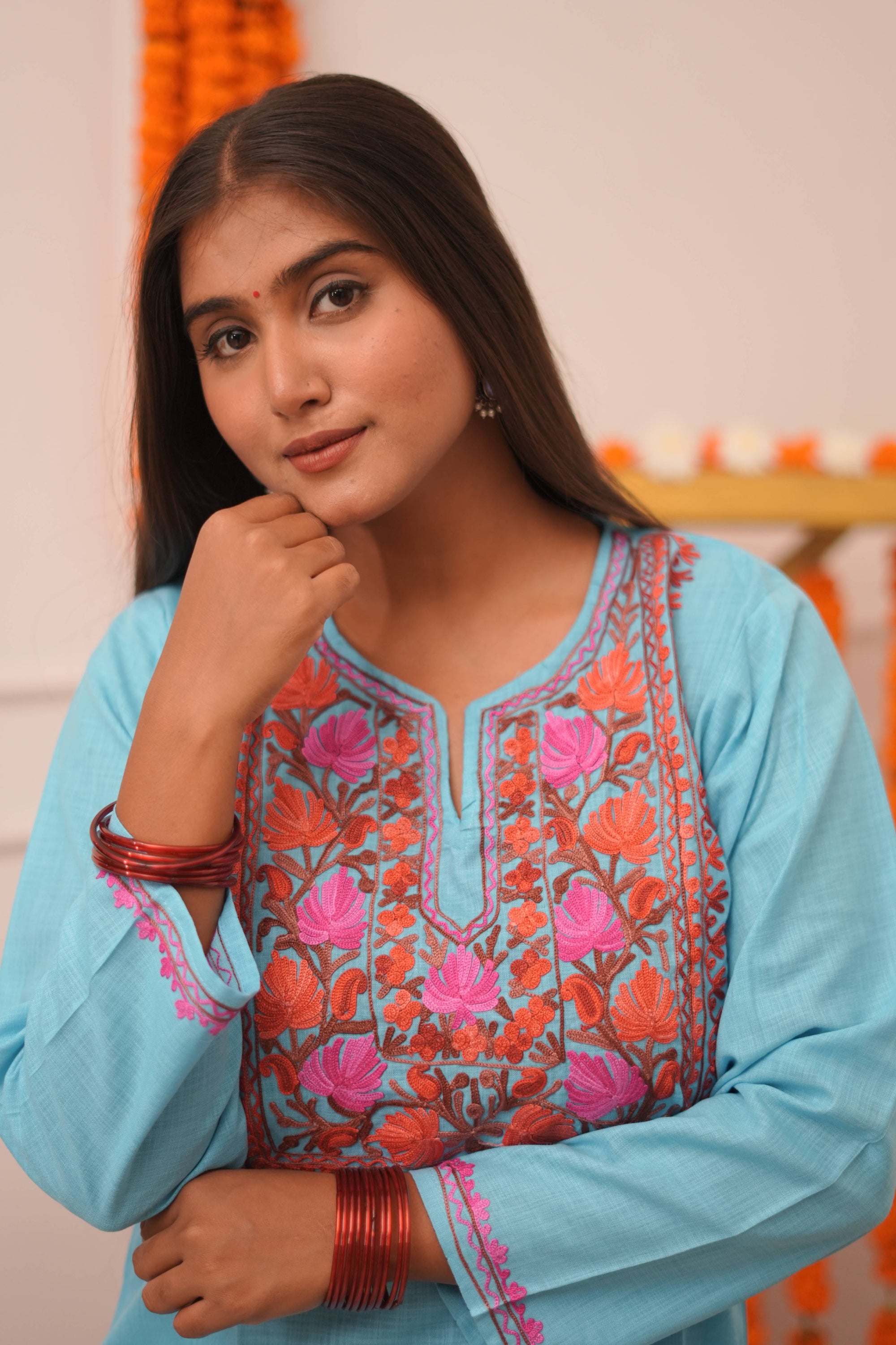Badra Aqua Blue Kashmiri Aari Cotton Short Kurta