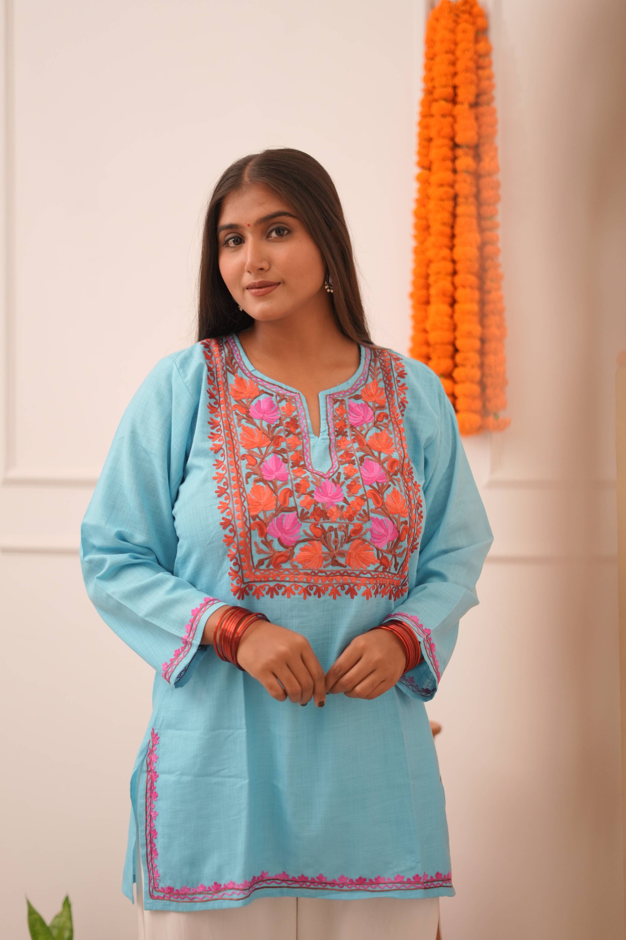 Badra Aqua Blue Kashmiri Aari Cotton Short Kurta