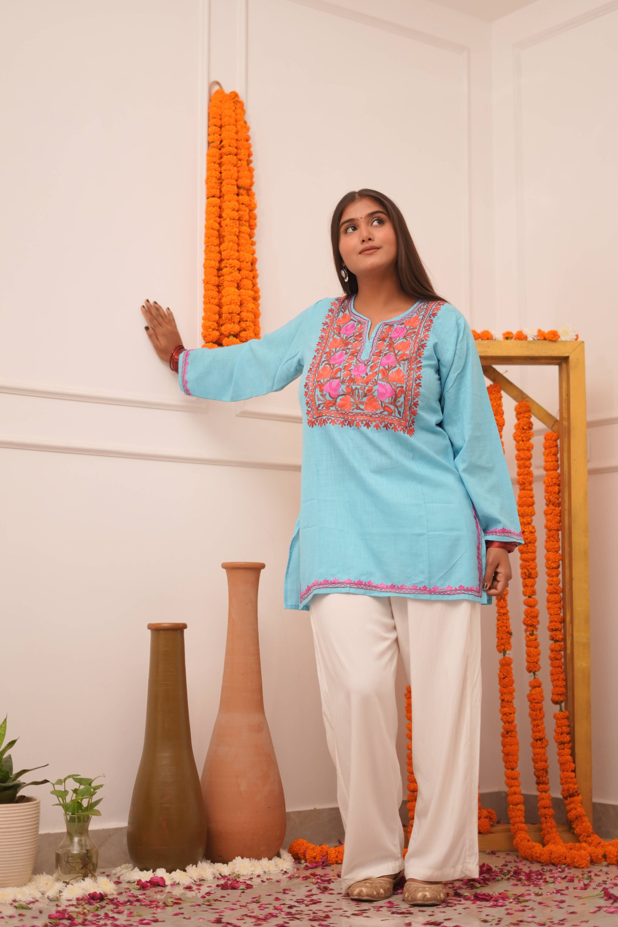 Badra Aqua Blue Kashmiri Aari Cotton Short Kurta