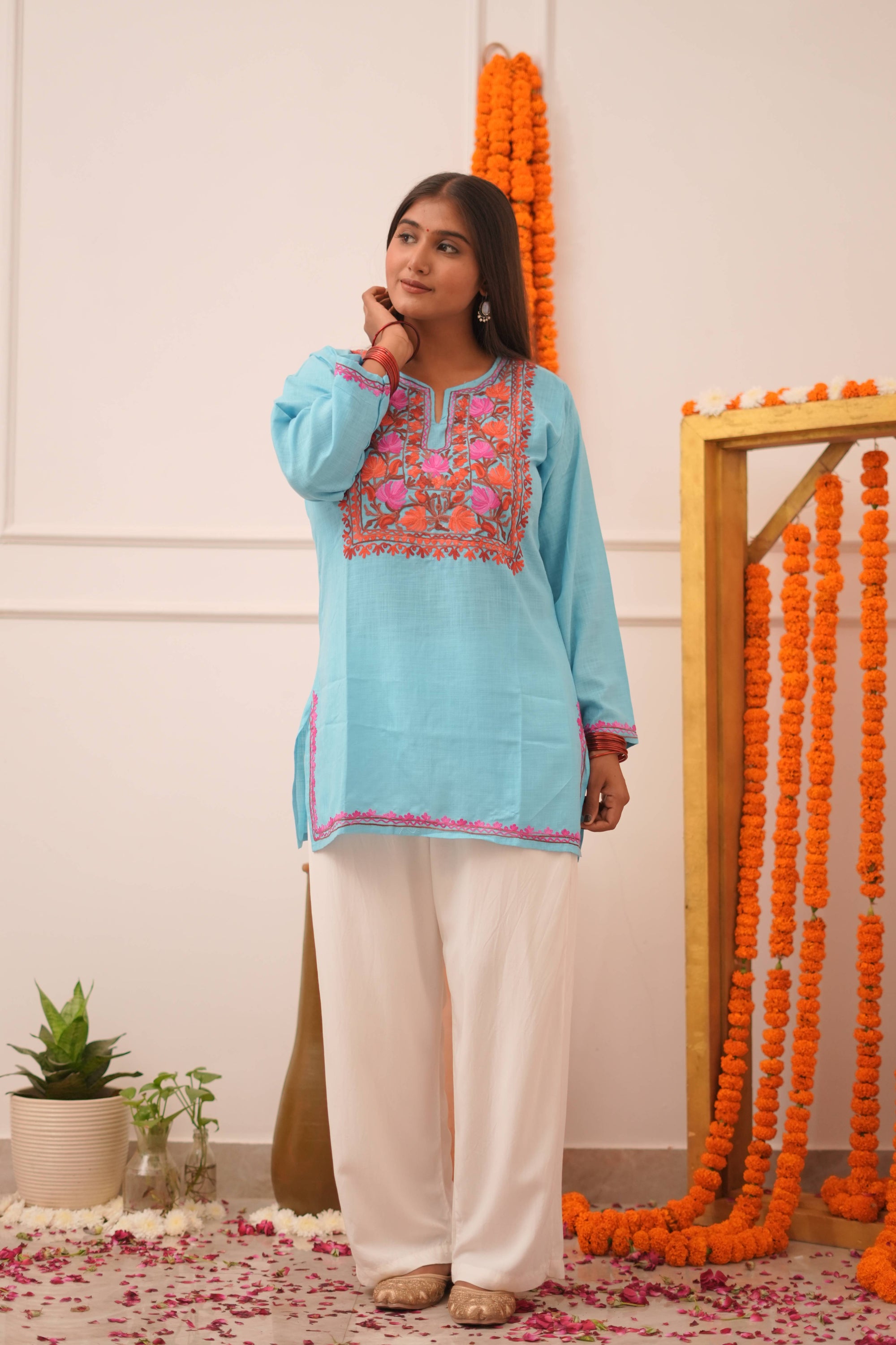 Badra Aqua Blue Kashmiri Aari Cotton Short Kurta