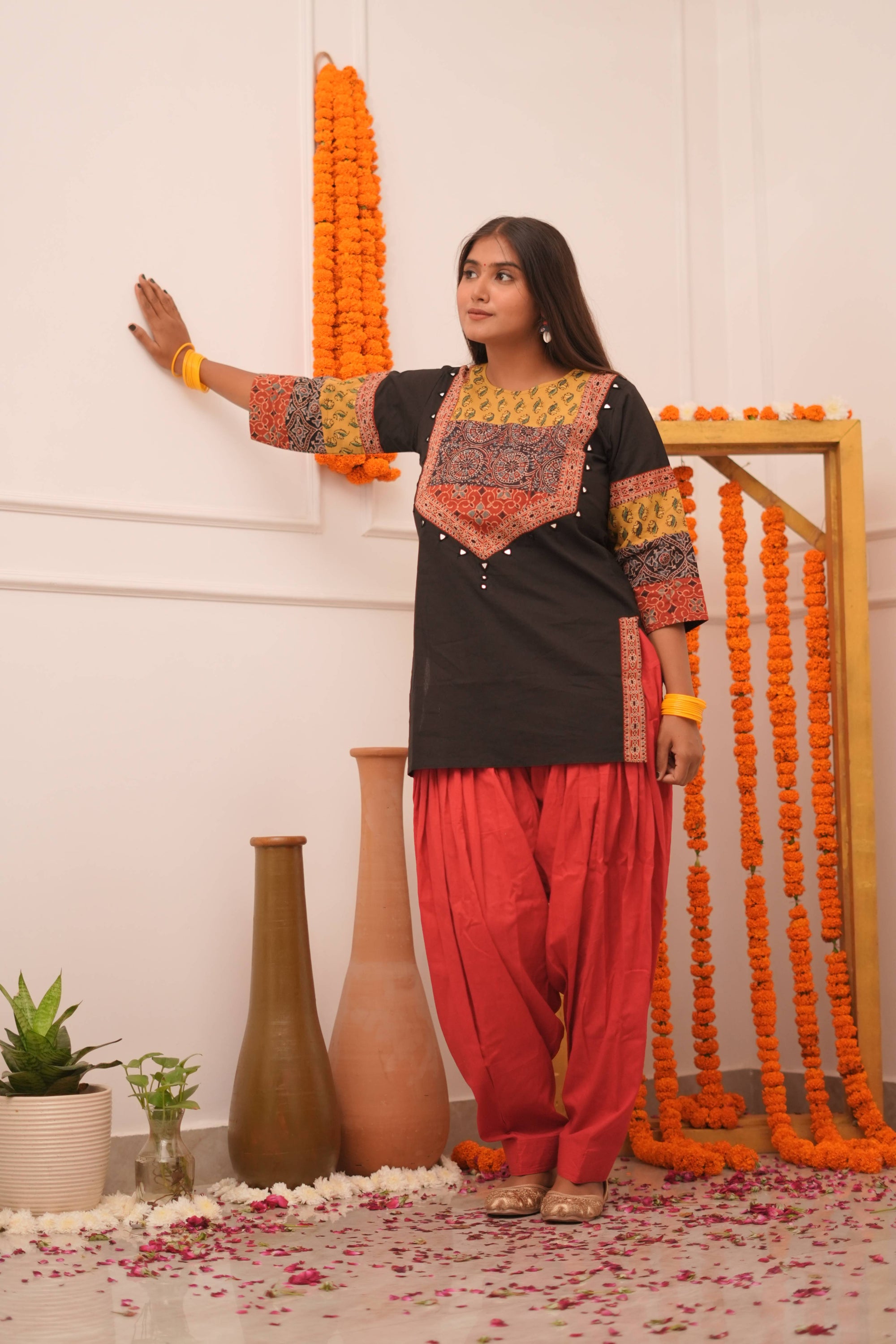 Jori Handblock Ajrakh Pure Cotton Black Short Kurta