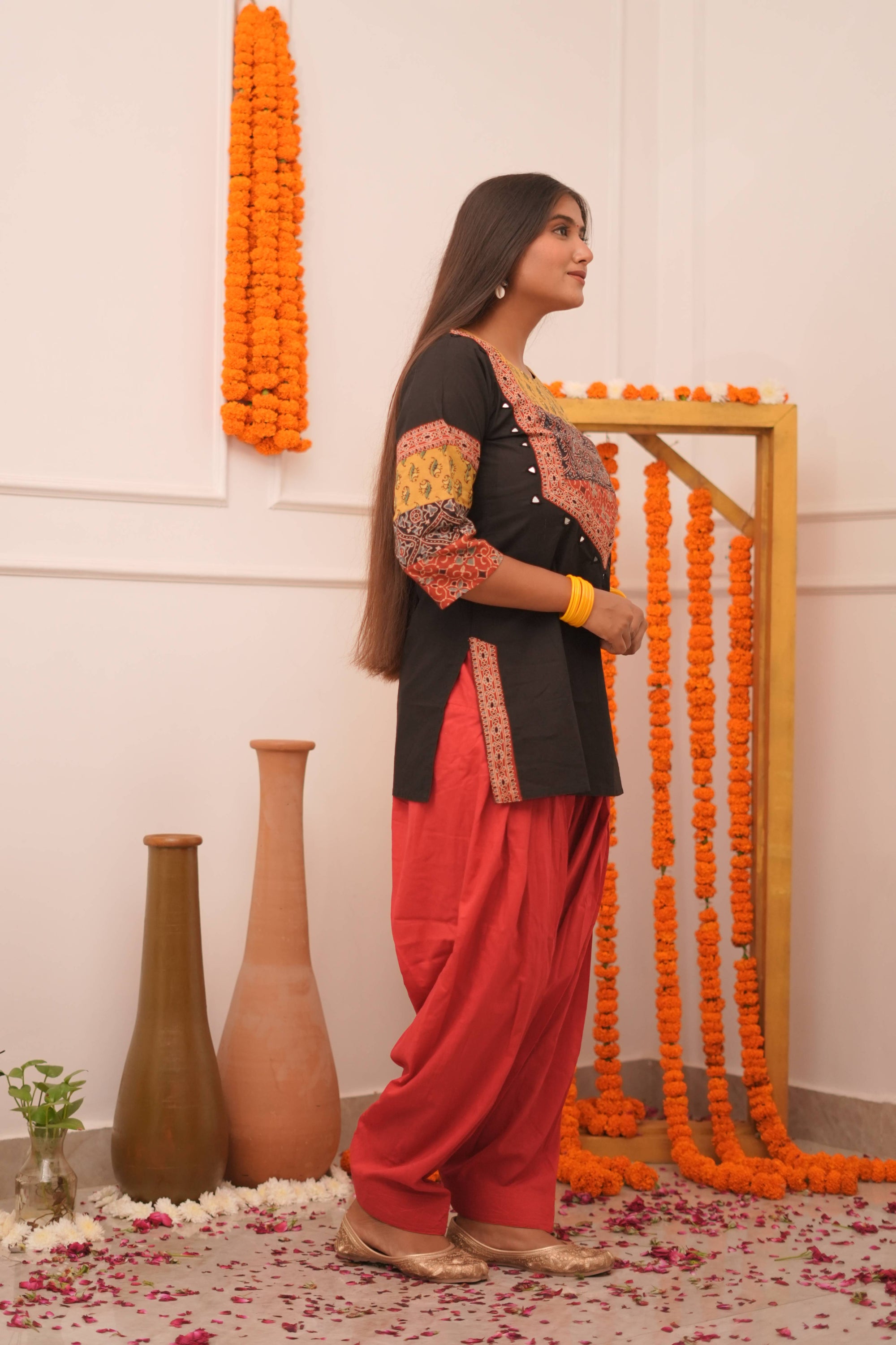 Jori Handblock Ajrakh Pure Cotton Black Short Kurta