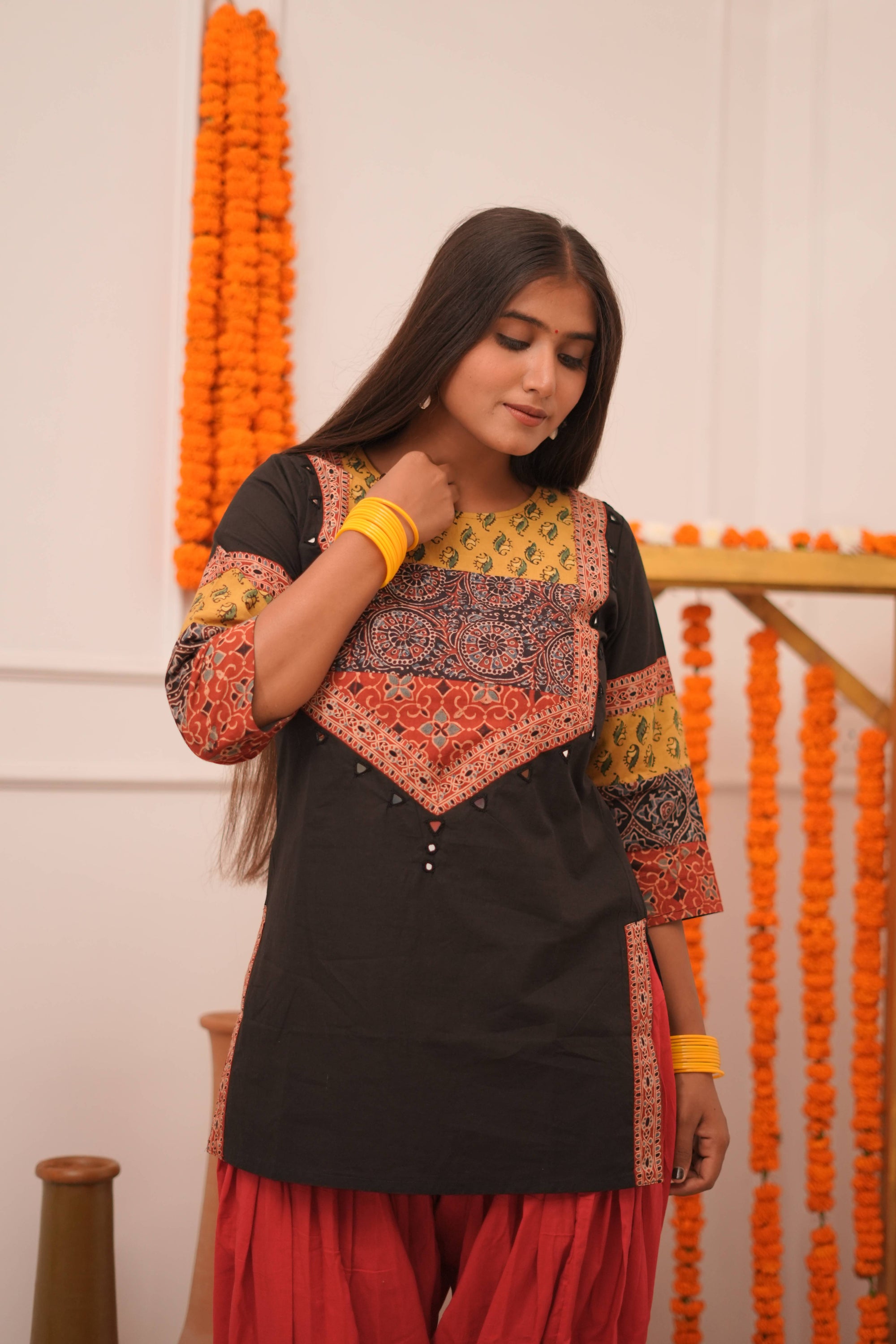 Jori Handblock Ajrakh Pure Cotton Black Short Kurta