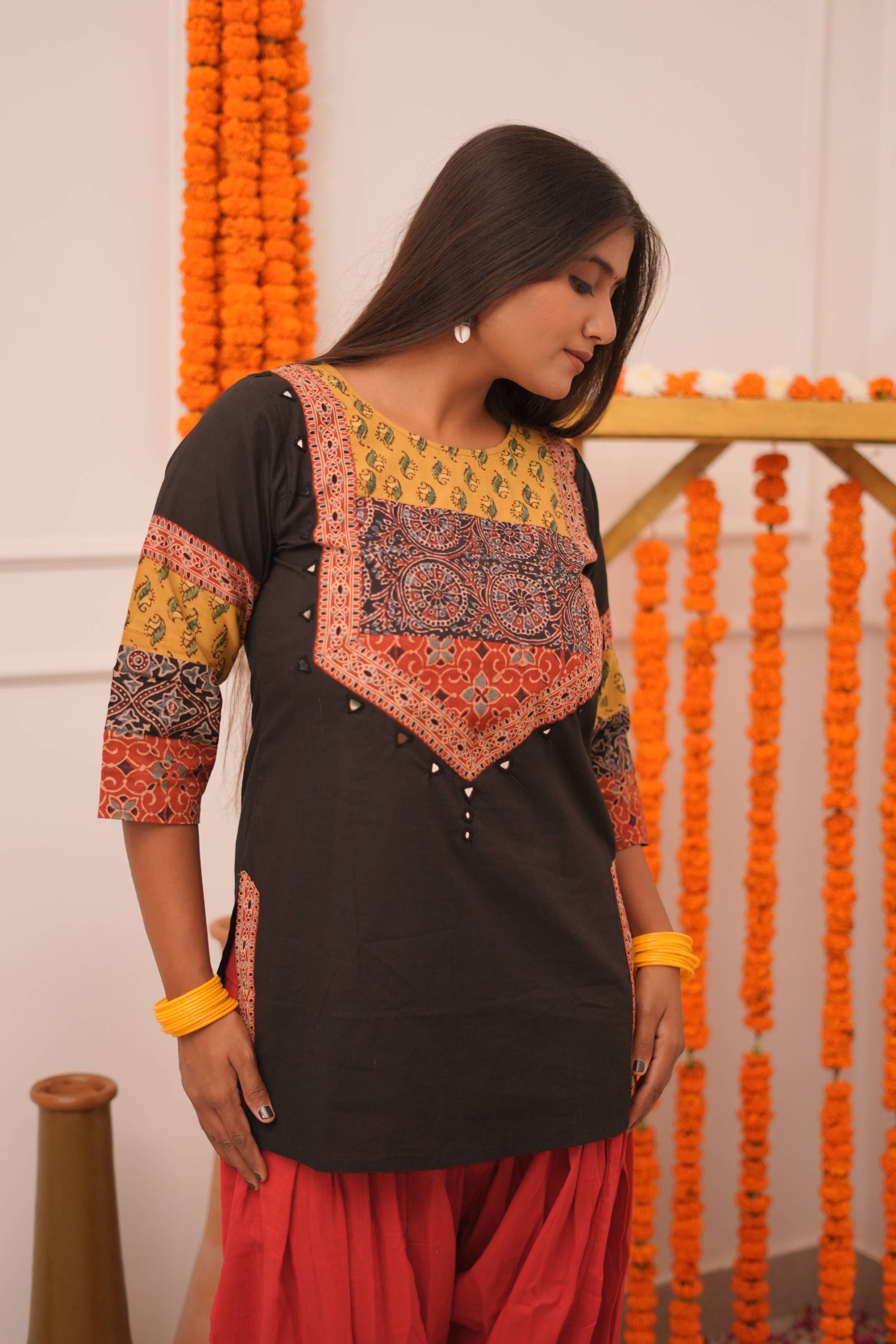 Jori Handblock Ajrakh Pure Cotton Black Short Kurta