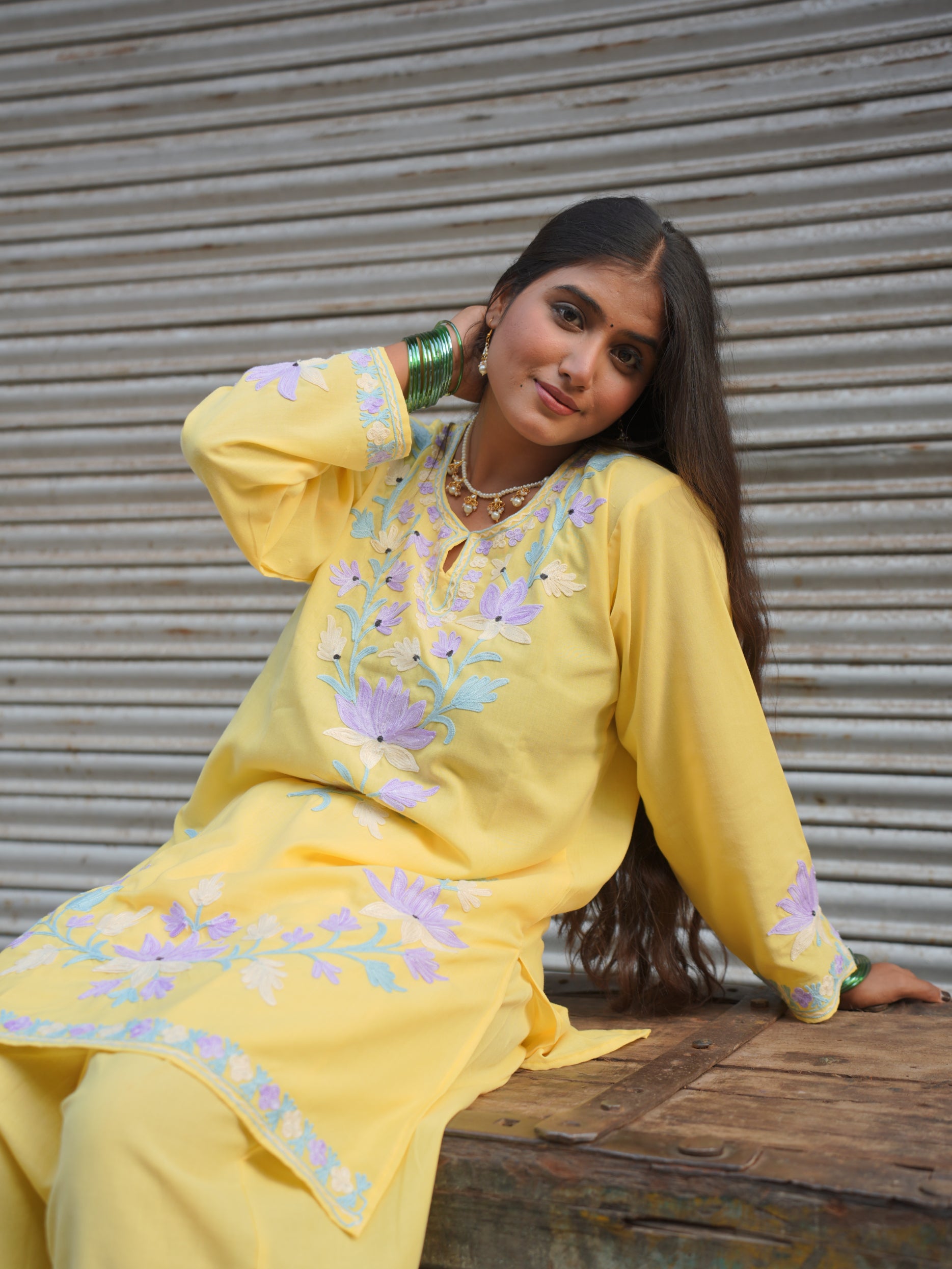 Eshal Lime Yellow Kashmiri Kurta And Farshi Set
