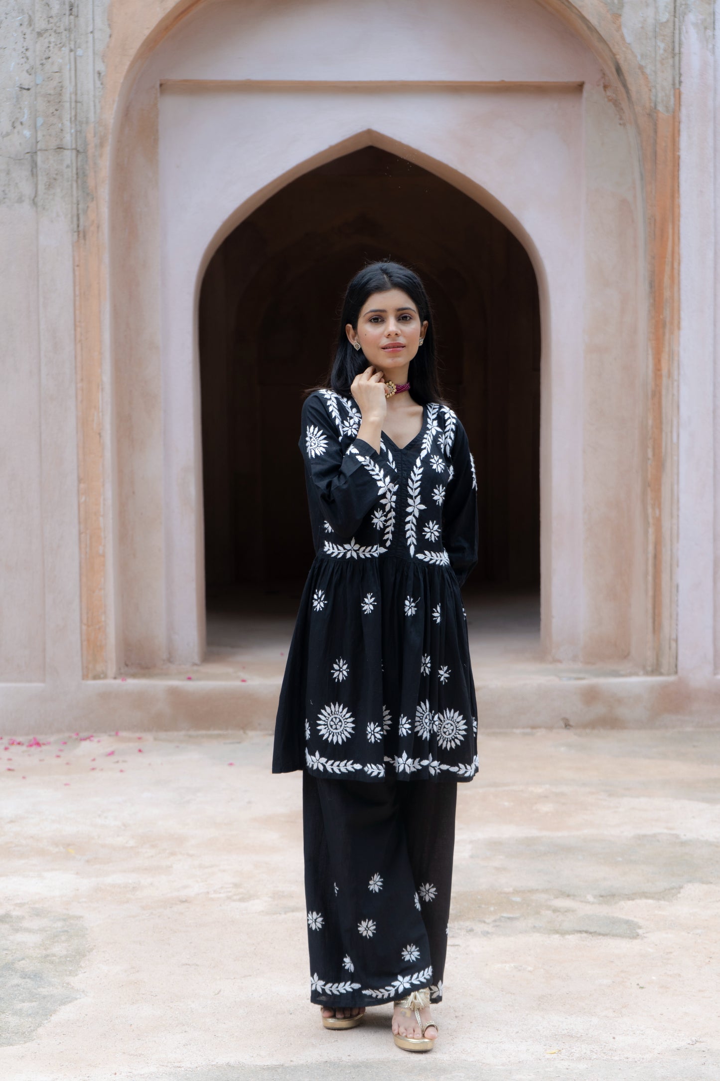 Zoya Black Flared Chikankari Kurta with Palazzo Set