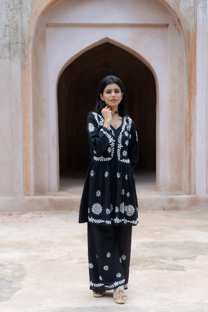 Zoya Black Flared Chikankari Kurta with Palazzo Set