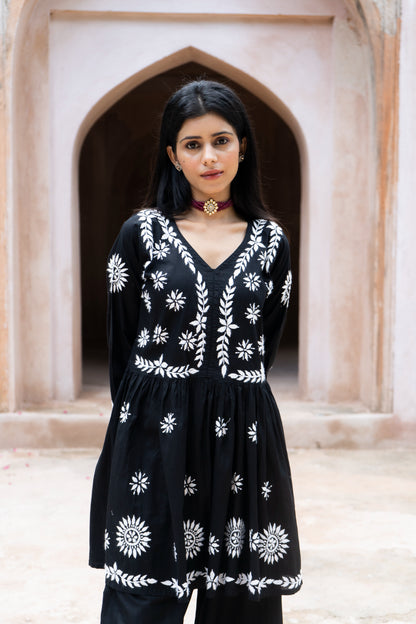Zoya Black Flared Chikankari Kurta with Palazzo Set
