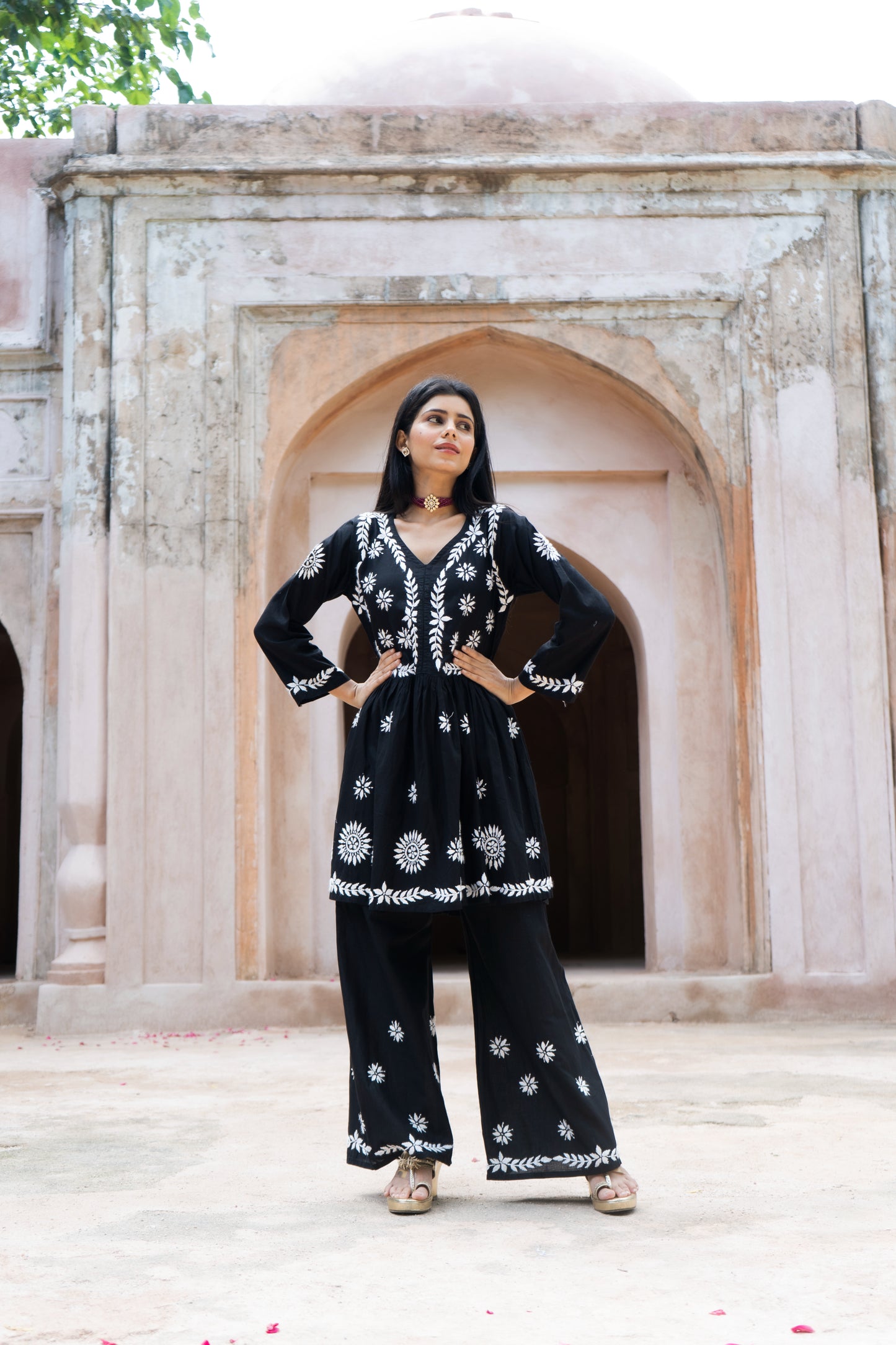 Zoya Black Flared Chikankari Kurta with Palazzo Set