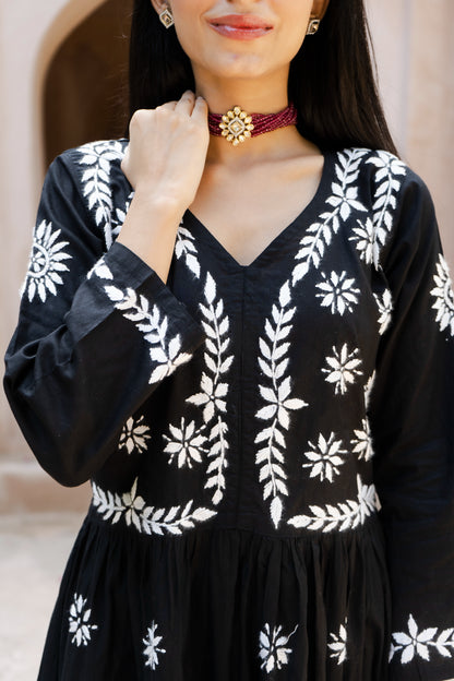 Zoya Black Flared Chikankari Kurta with Palazzo Set