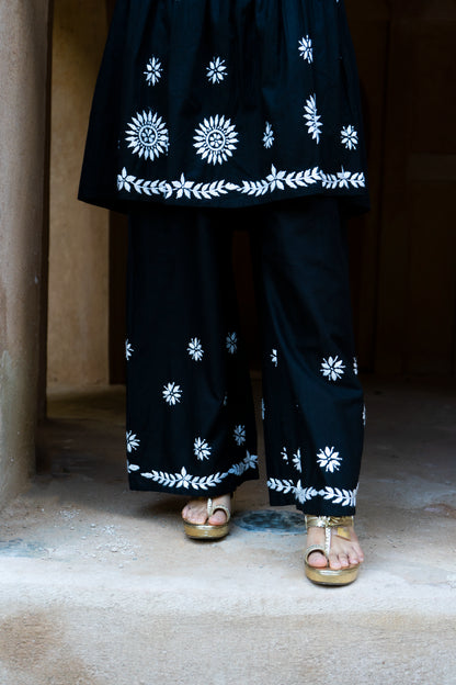 Zoya Black Flared Chikankari Kurta with Palazzo Set