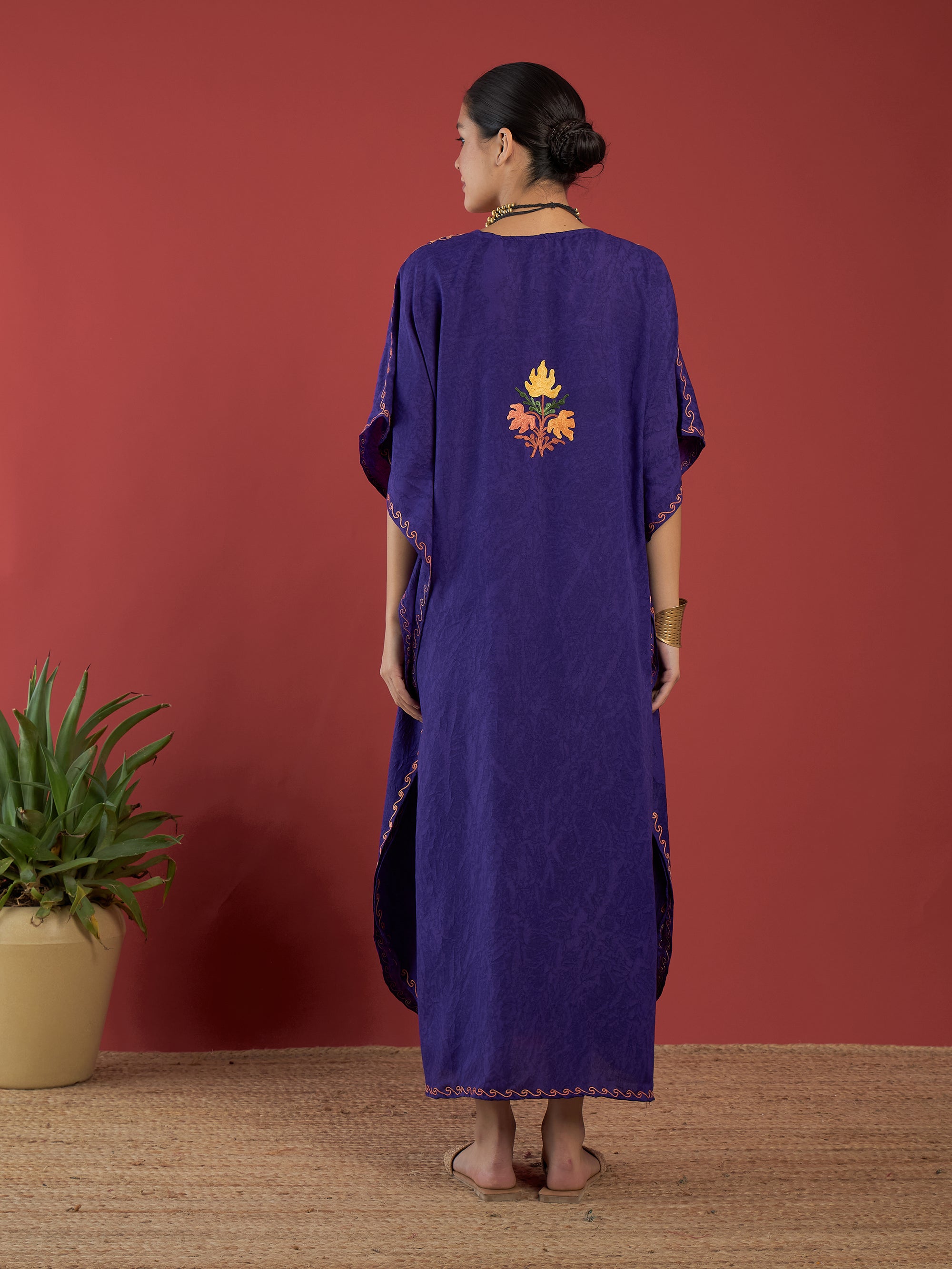 Deep_Purple_Aari_Embroidered_Kashmiri_Long_Cotton_Kaftan_shop_Namastay