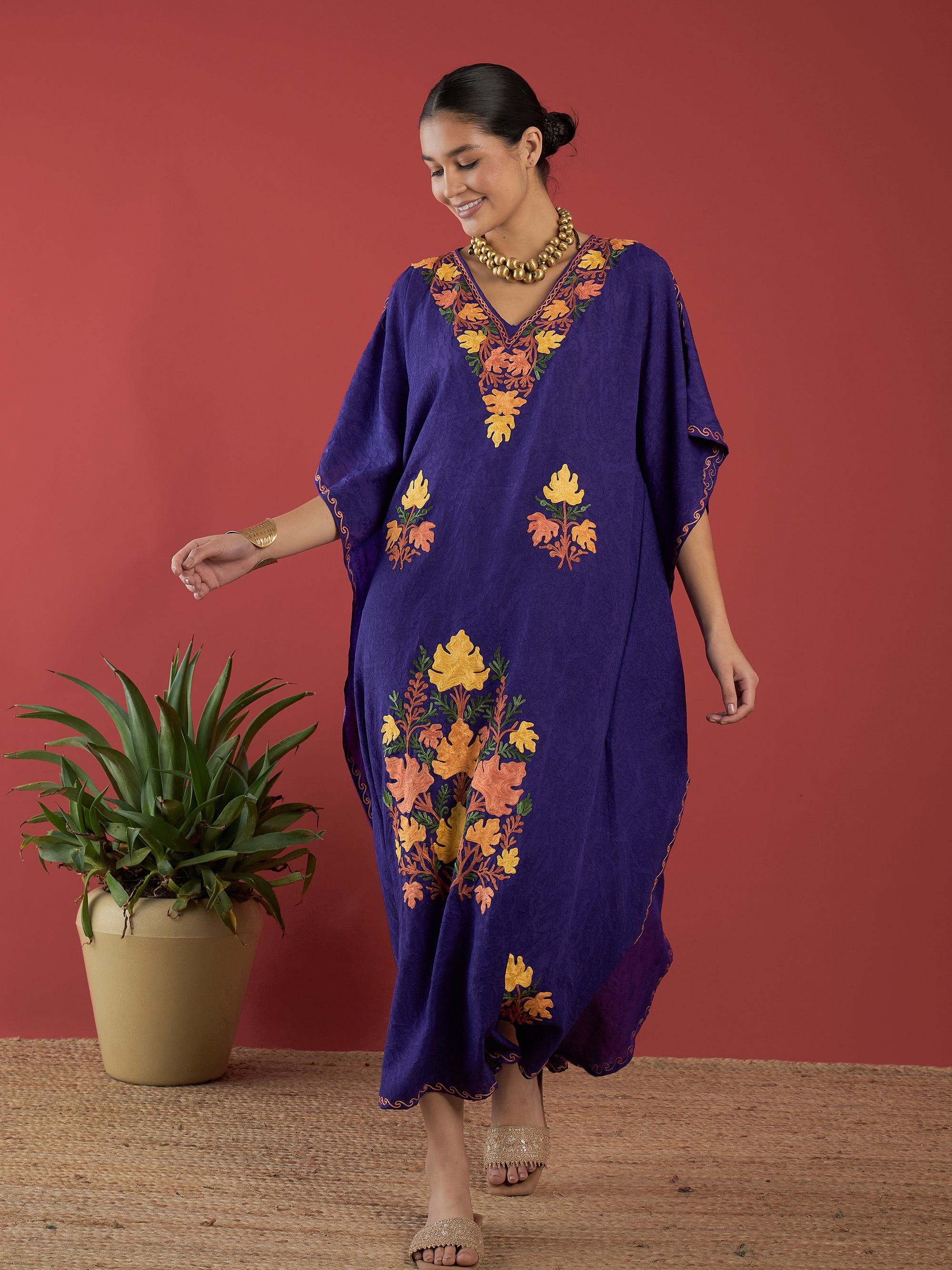 Deep_Purple_Aari_Embroidered_Kashmiri_Long_Cotton_Kaftan_shop_Namastay