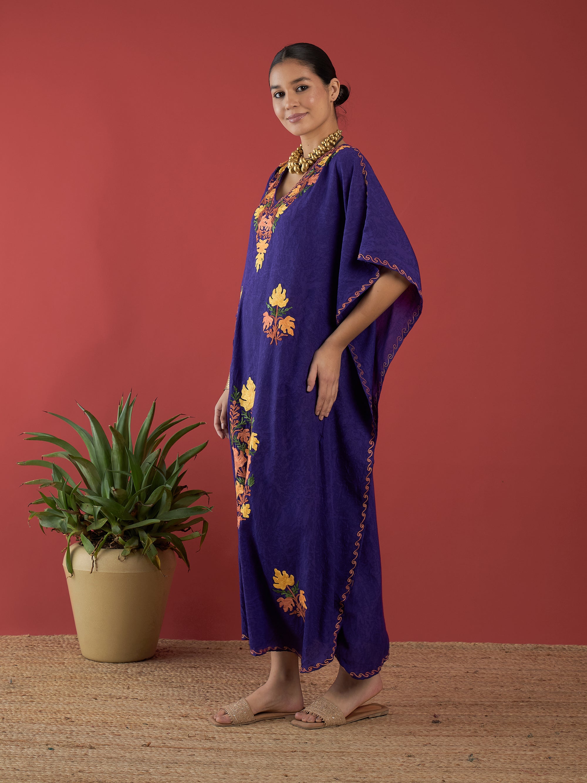 Deep_Purple_Aari_Embroidered_Kashmiri_Long_Cotton_Kaftan_shop_Namastay