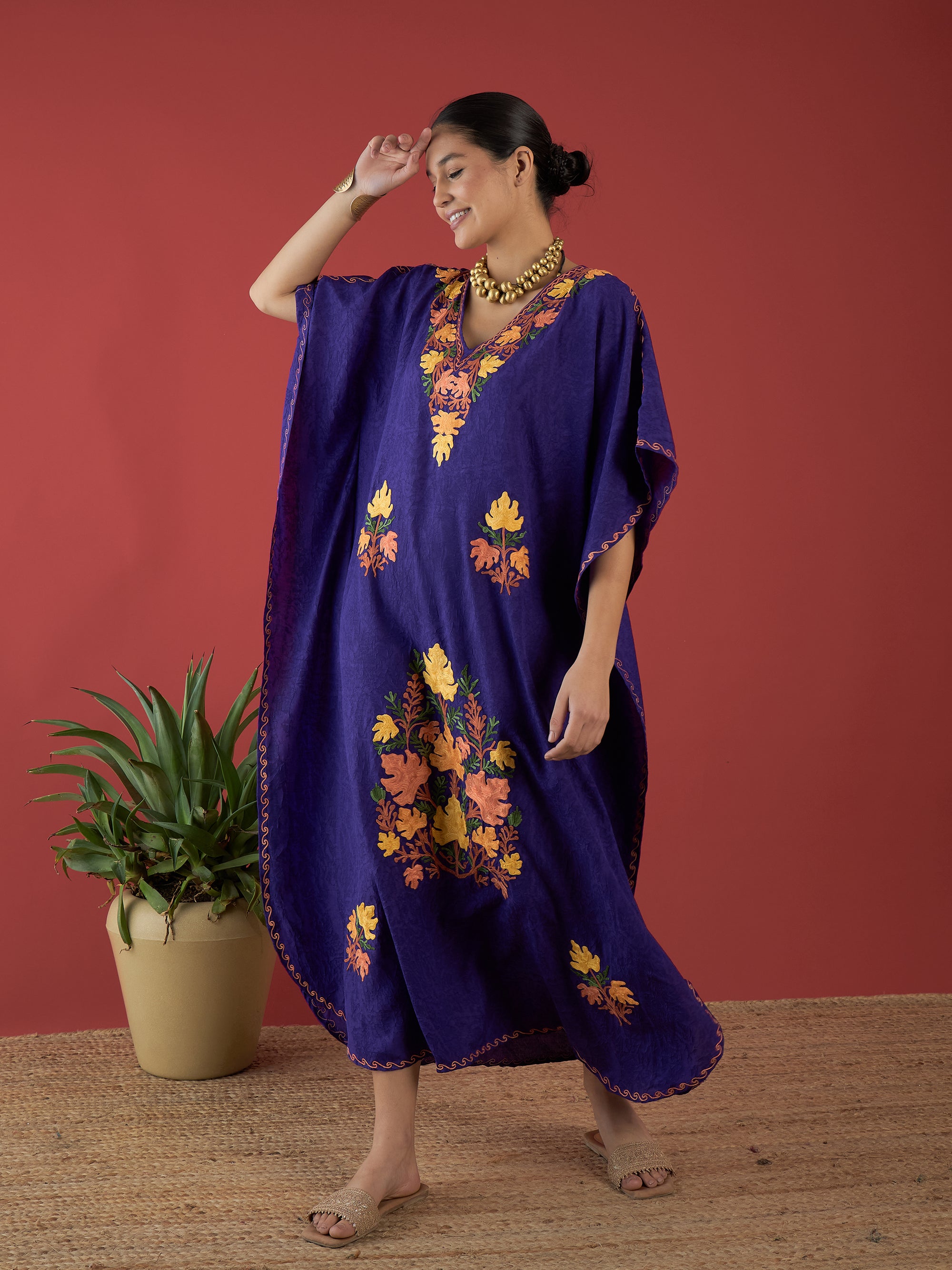 Deep_Purple_Aari_Embroidered_Kashmiri_Long_Cotton_Kaftan_shop_Namastay