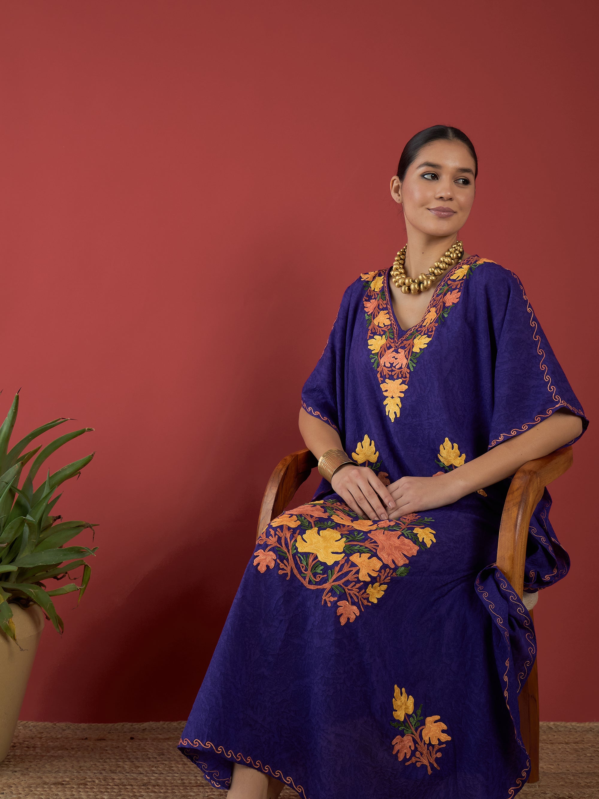 Deep_Purple_Aari_Embroidered_Kashmiri_Long_Cotton_Kaftan_shop_Namastay