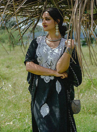 Charcoal Black Kashmiri Summer Short Cotton Kaftan