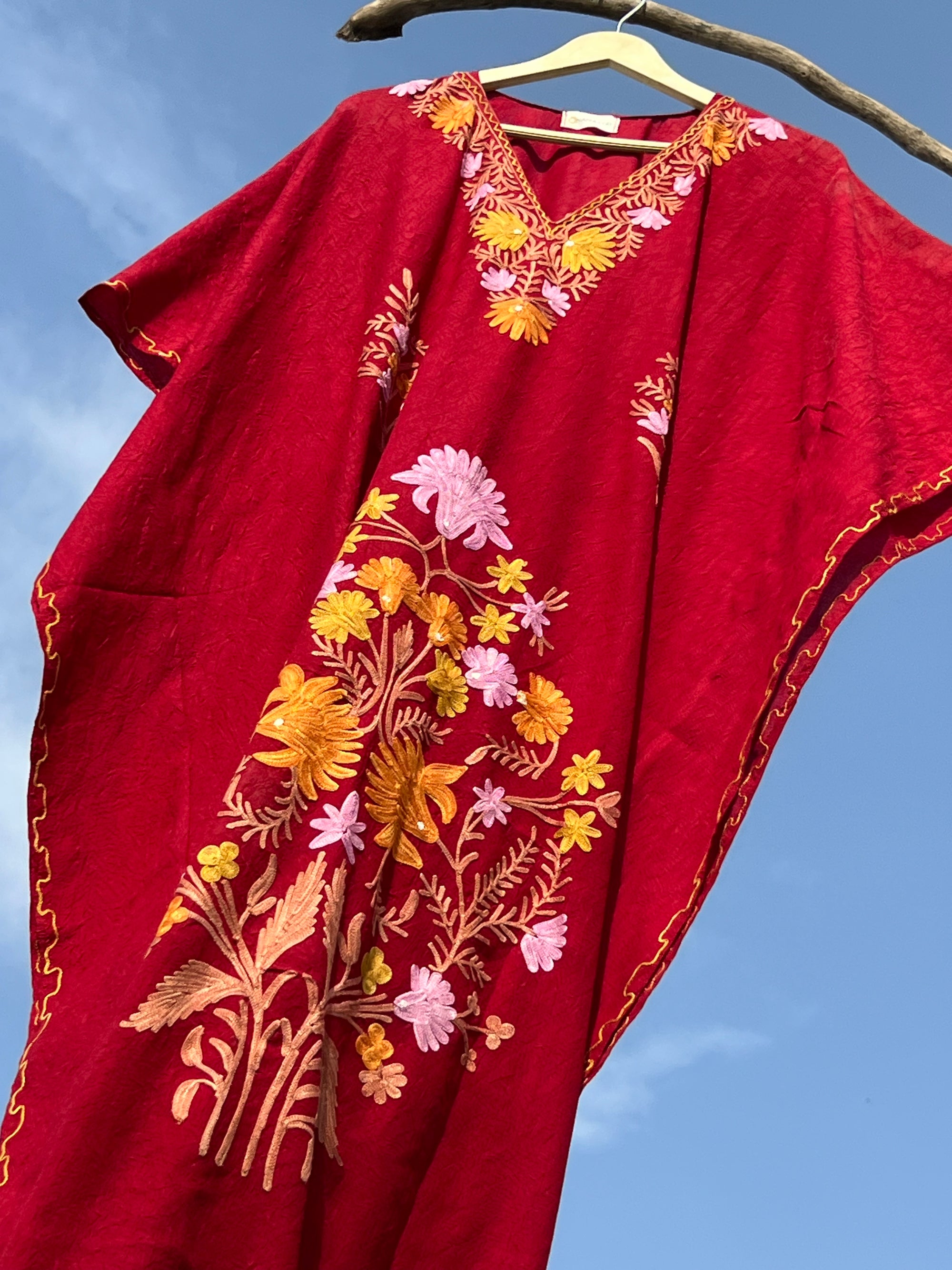 Marsala_Kashmiri_Embroidered_Long_Cotton_Kaftan_shop_Namastay
