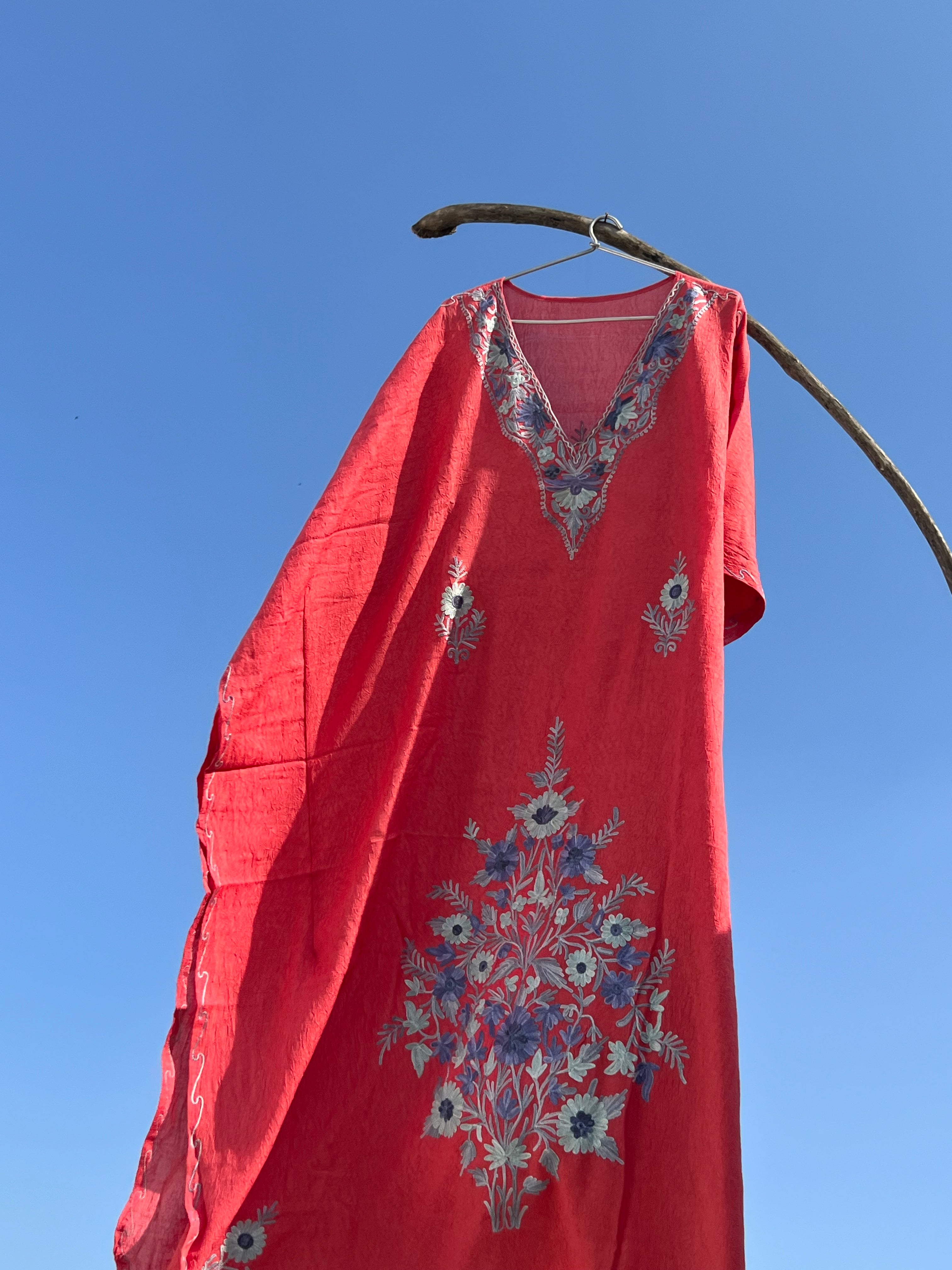 Coral Kashmiri Embroidered Kaftan- Long