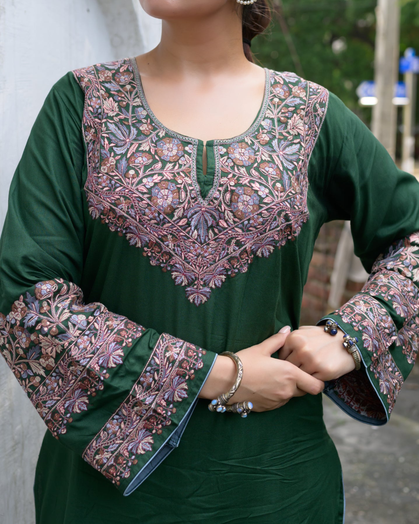 Huda Castleton Green Kashmiri Kurta and Pants Co-ord Set