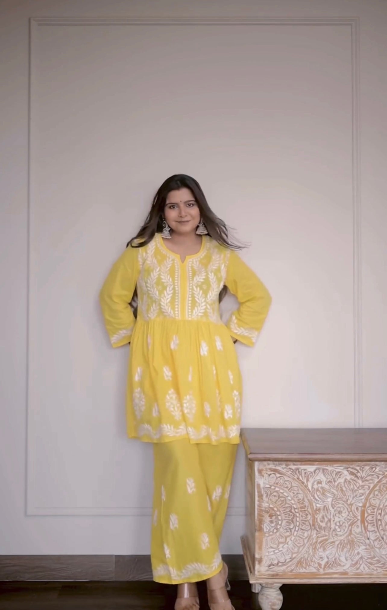 Sara Yellow Short Chikankari Anarkali Cotton Kurta Set