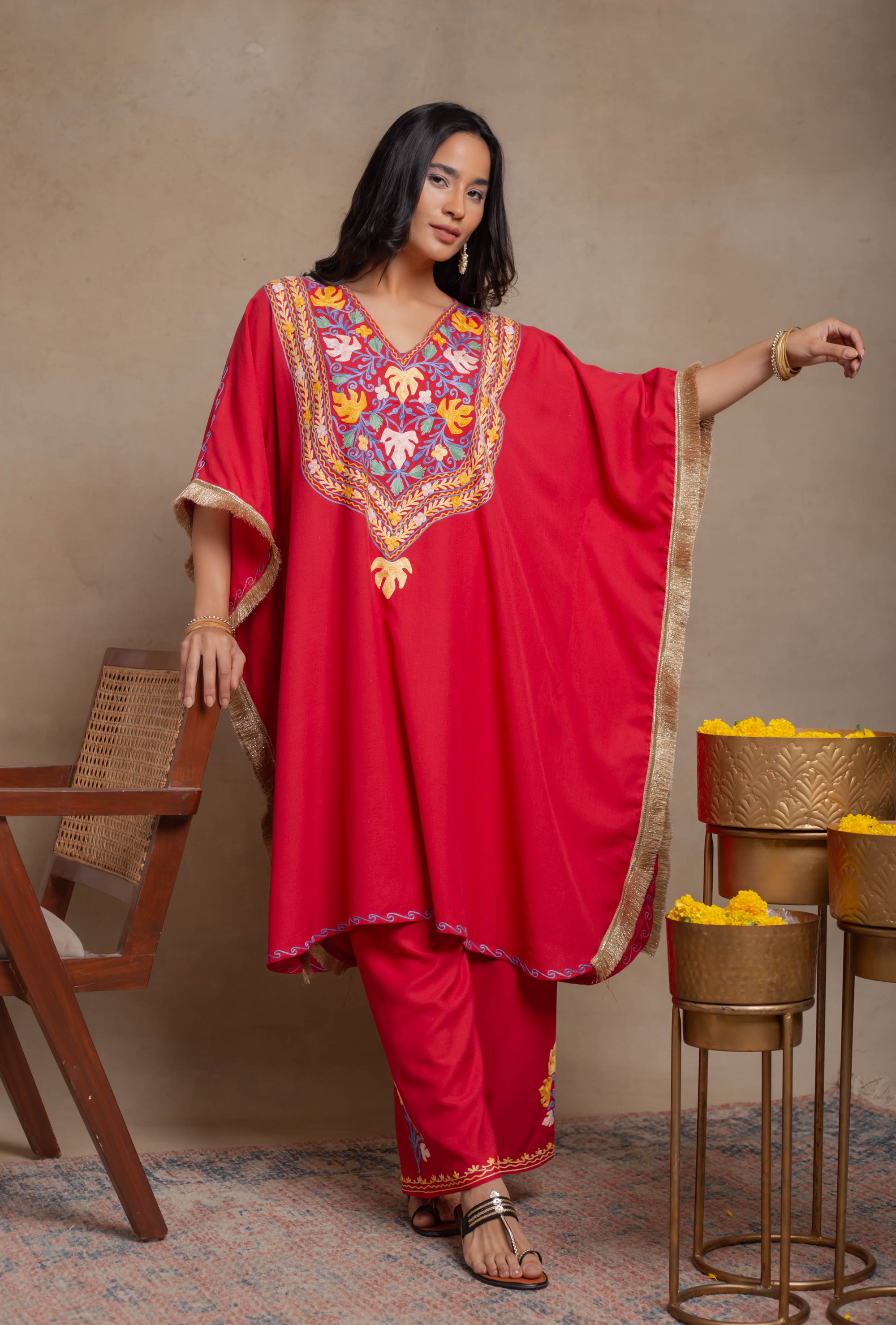 Myra_Red_Fringe_Kashmiri_Cotton_Kaftan_Coord_Set_shop_Namastay