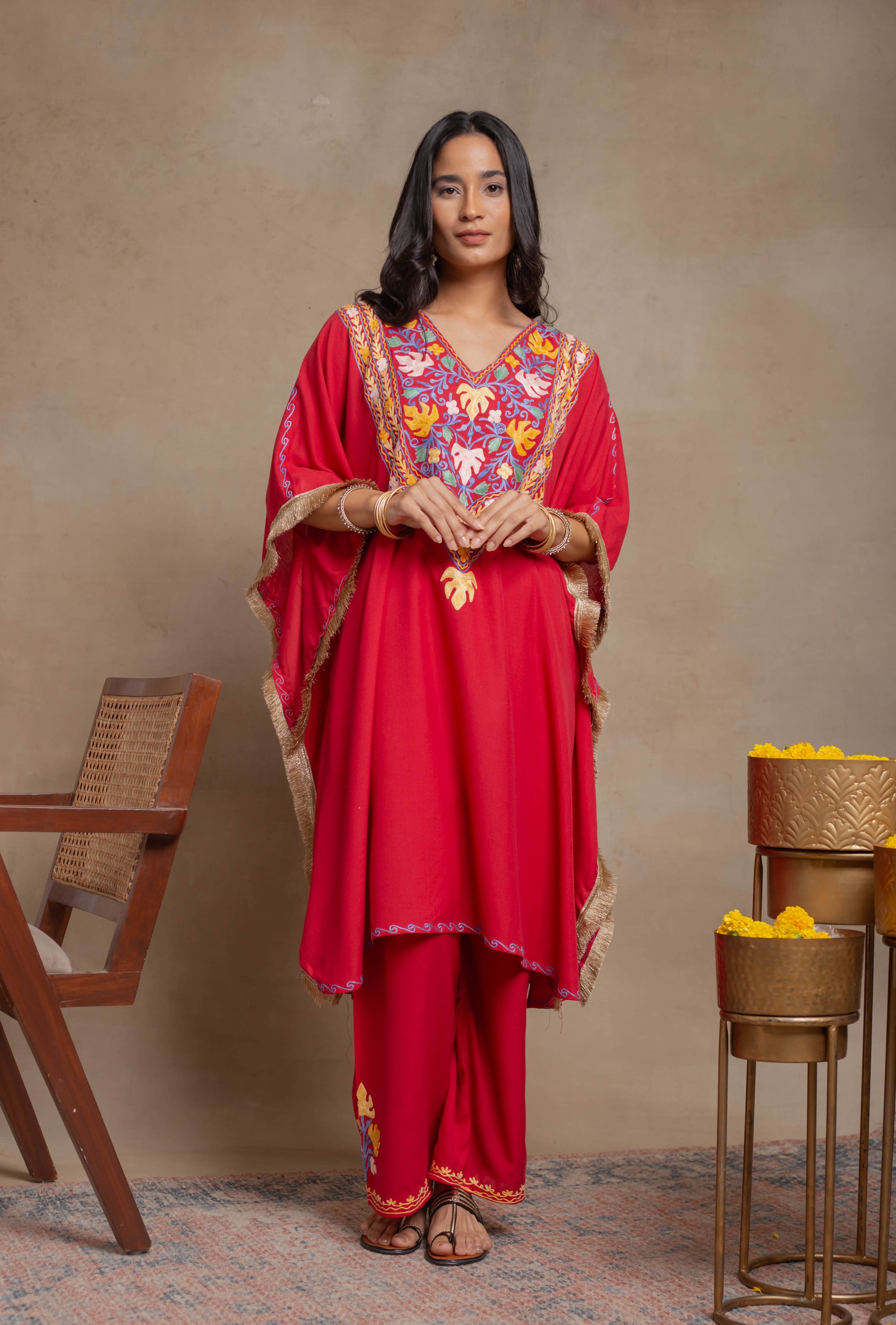 Myra_Red_Fringe_Kashmiri_Cotton_Kaftan_Coord_Set_shop_Namastay