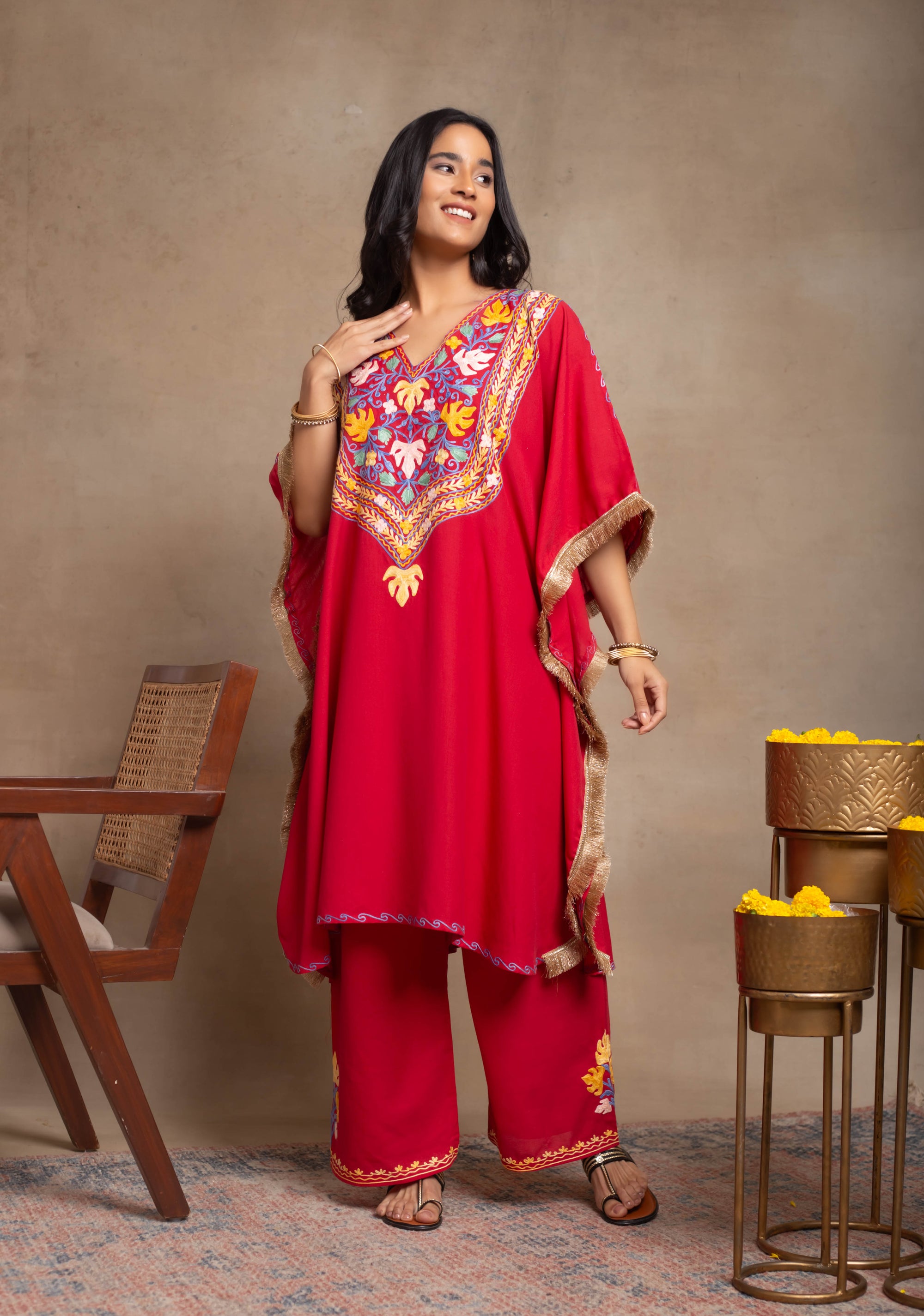 Myra_Red_Fringe_Kashmiri_Cotton_Kaftan_Coord_Set_shop_Namastay