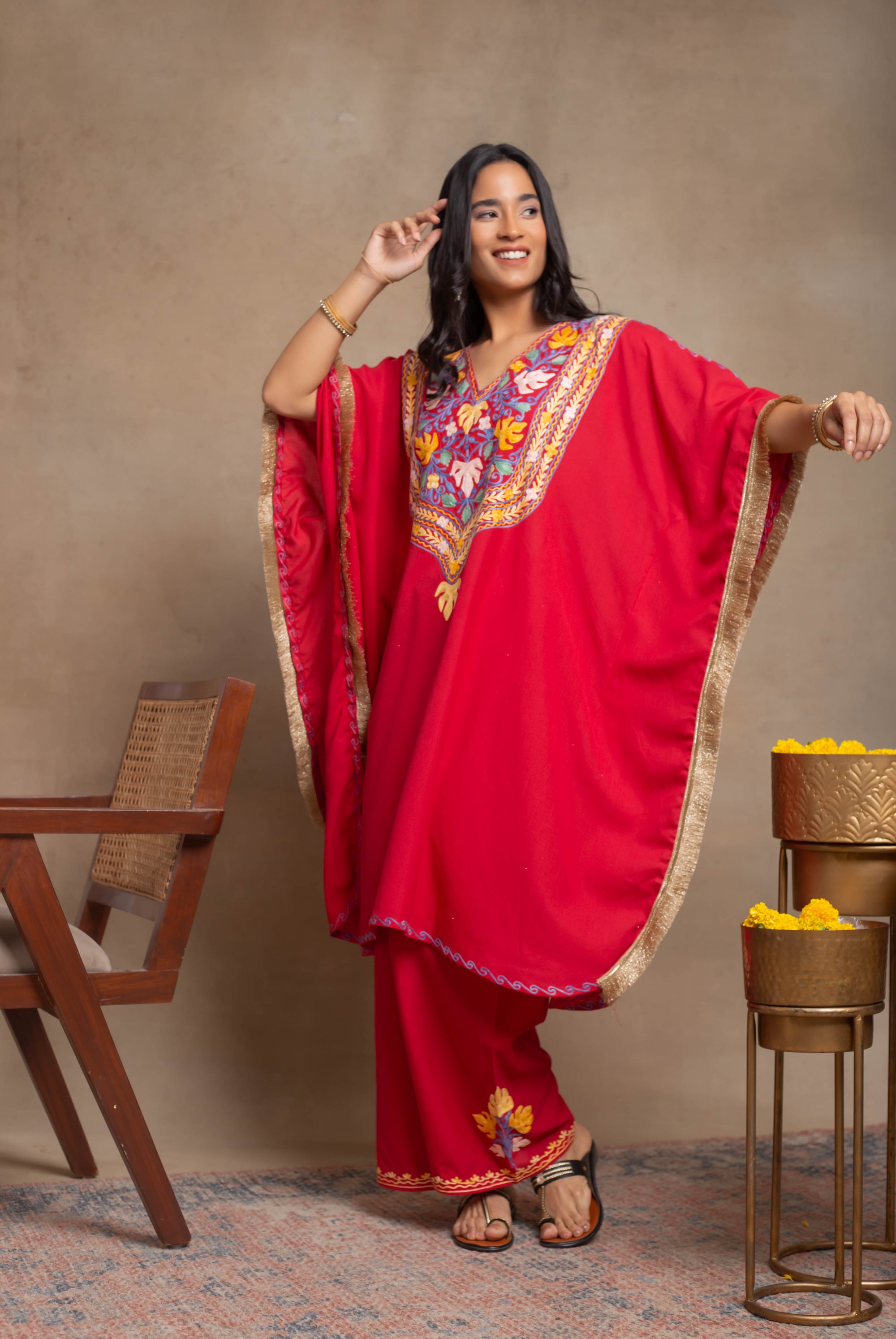Myra_Red_Fringe_Kashmiri_Cotton_Kaftan_Coord_Set_shop_Namastay