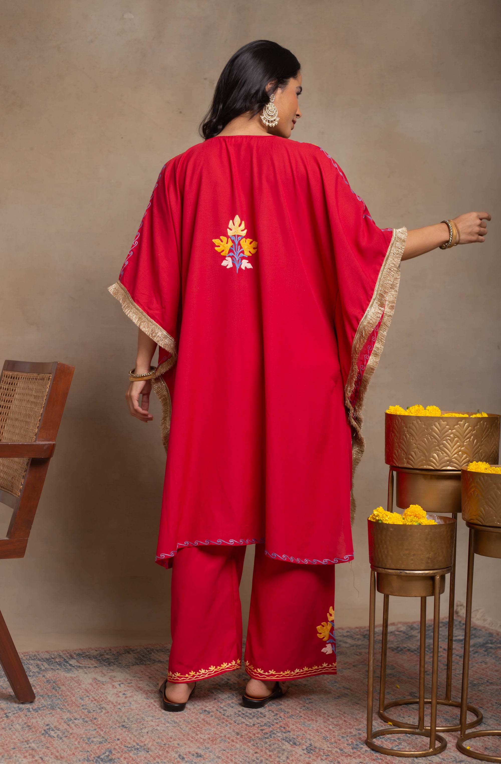 Myra_Red_Fringe_Kashmiri_Cotton_Kaftan_Coord_Set_shop_Namastay