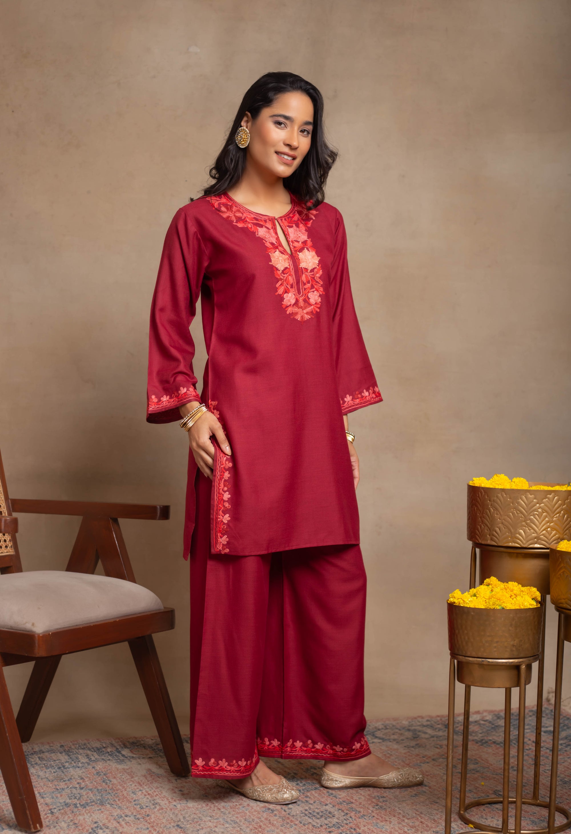 Aabroo_Red_Kashmiri_Cotton_Coord_Set_shop_Namastay
