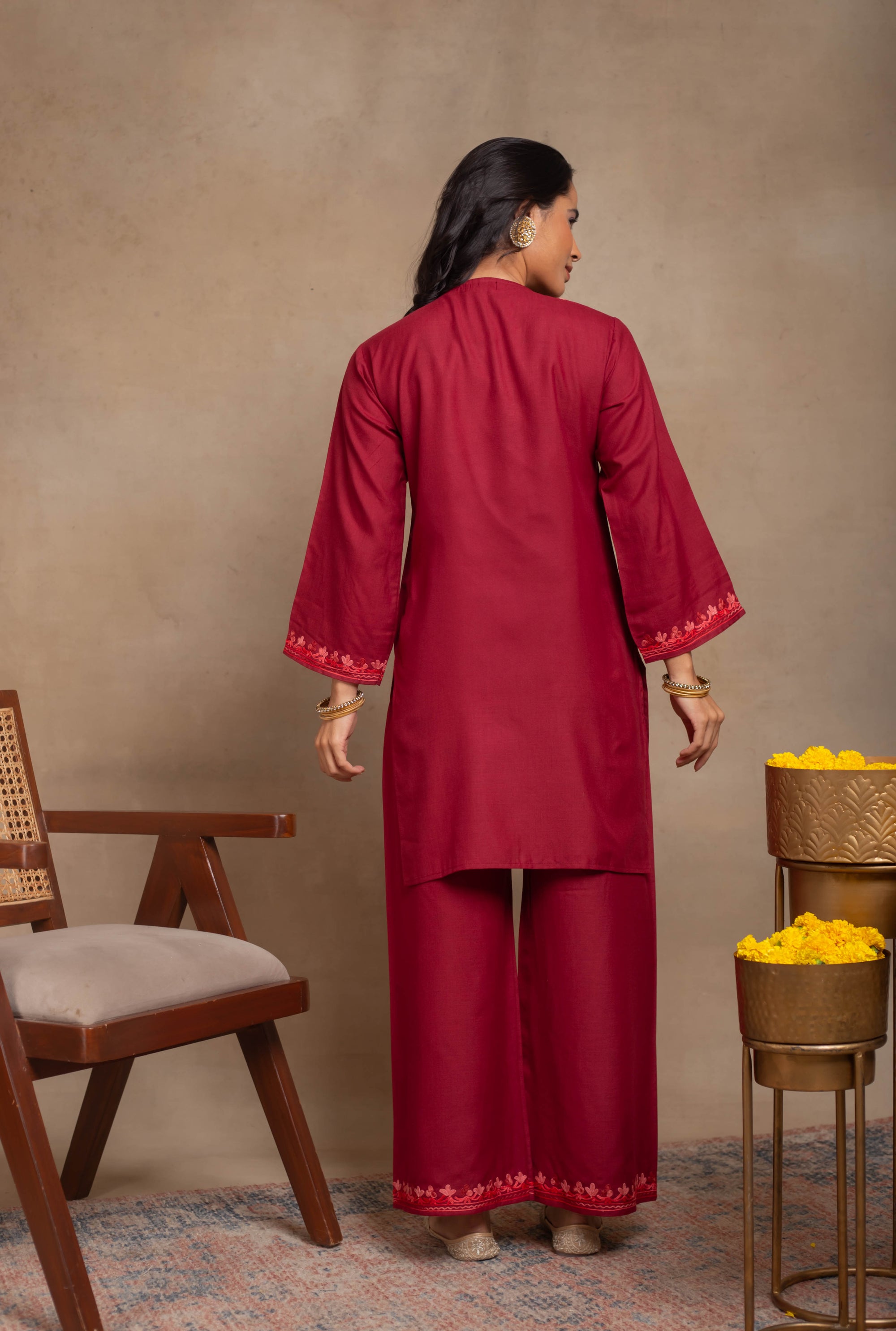 Aabroo Red Kashmiri Cotton Coord Set