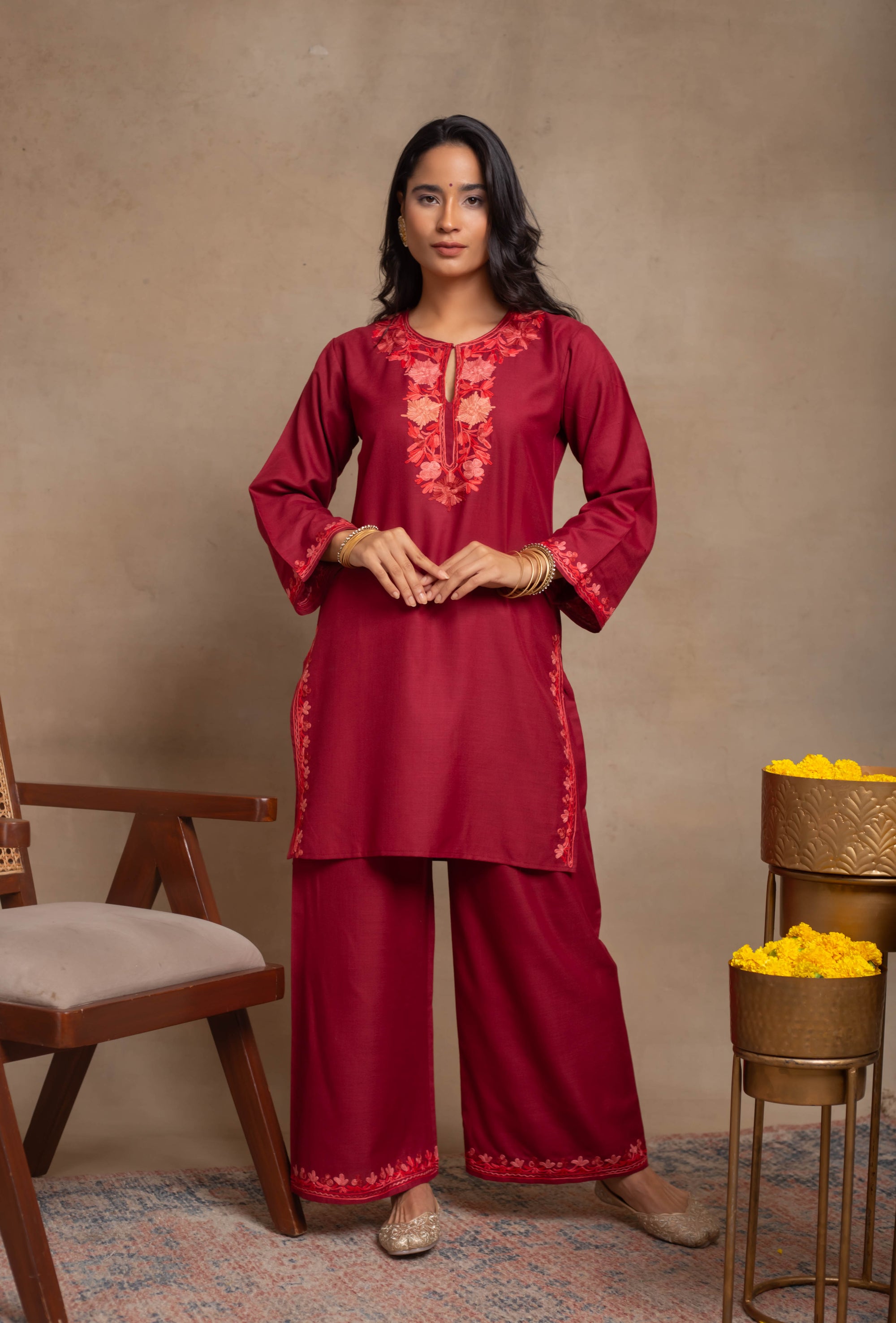 Aabroo_Red_Kashmiri_Cotton_Coord_Set_shop_Namastay