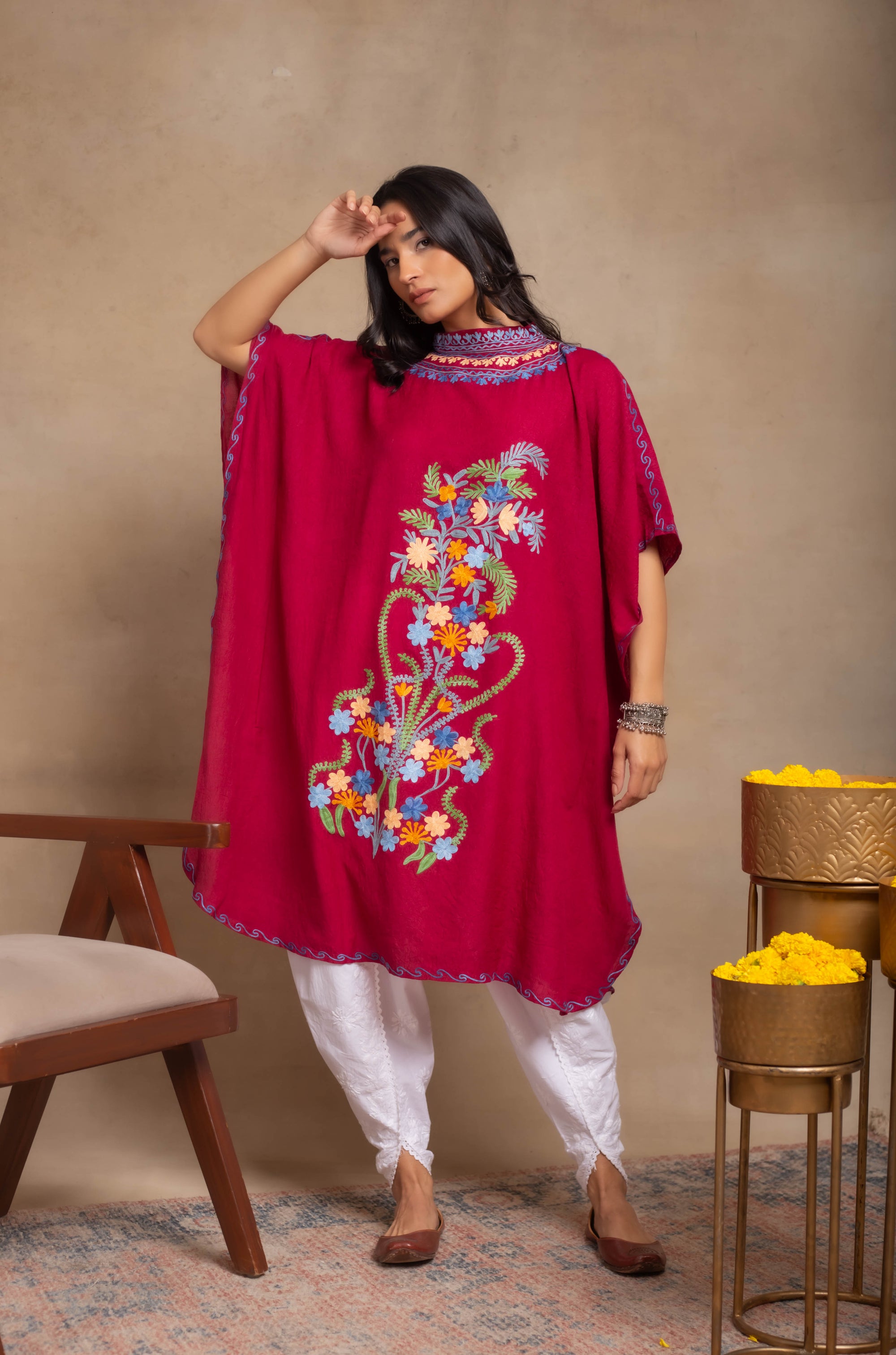 Beet_Red_Kashmiri_Summer_Short_Cotton_Kaftan_shop_Namastay