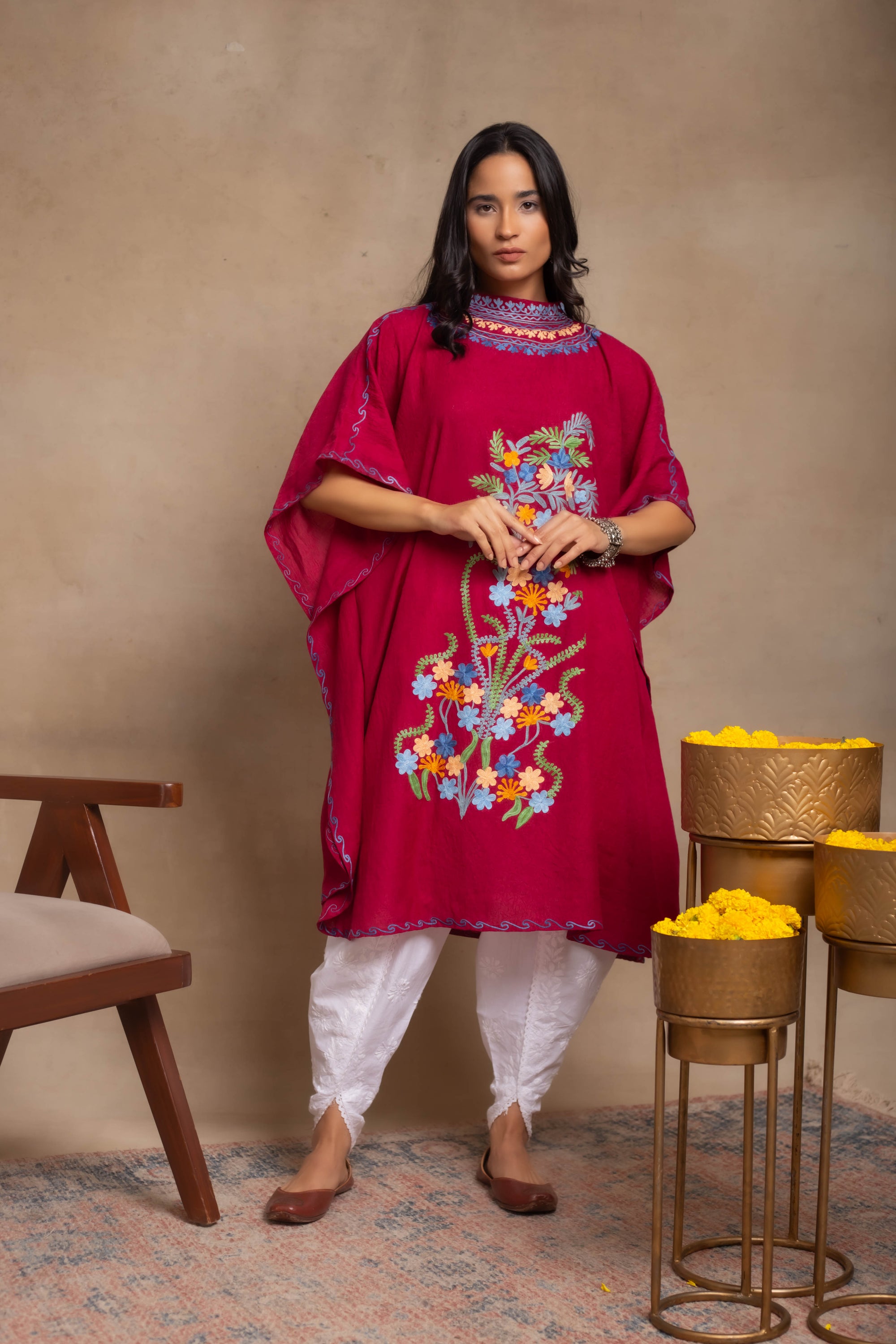 Beet_Red_Kashmiri_Summer_Short_Cotton_Kaftan_shop_Namastay