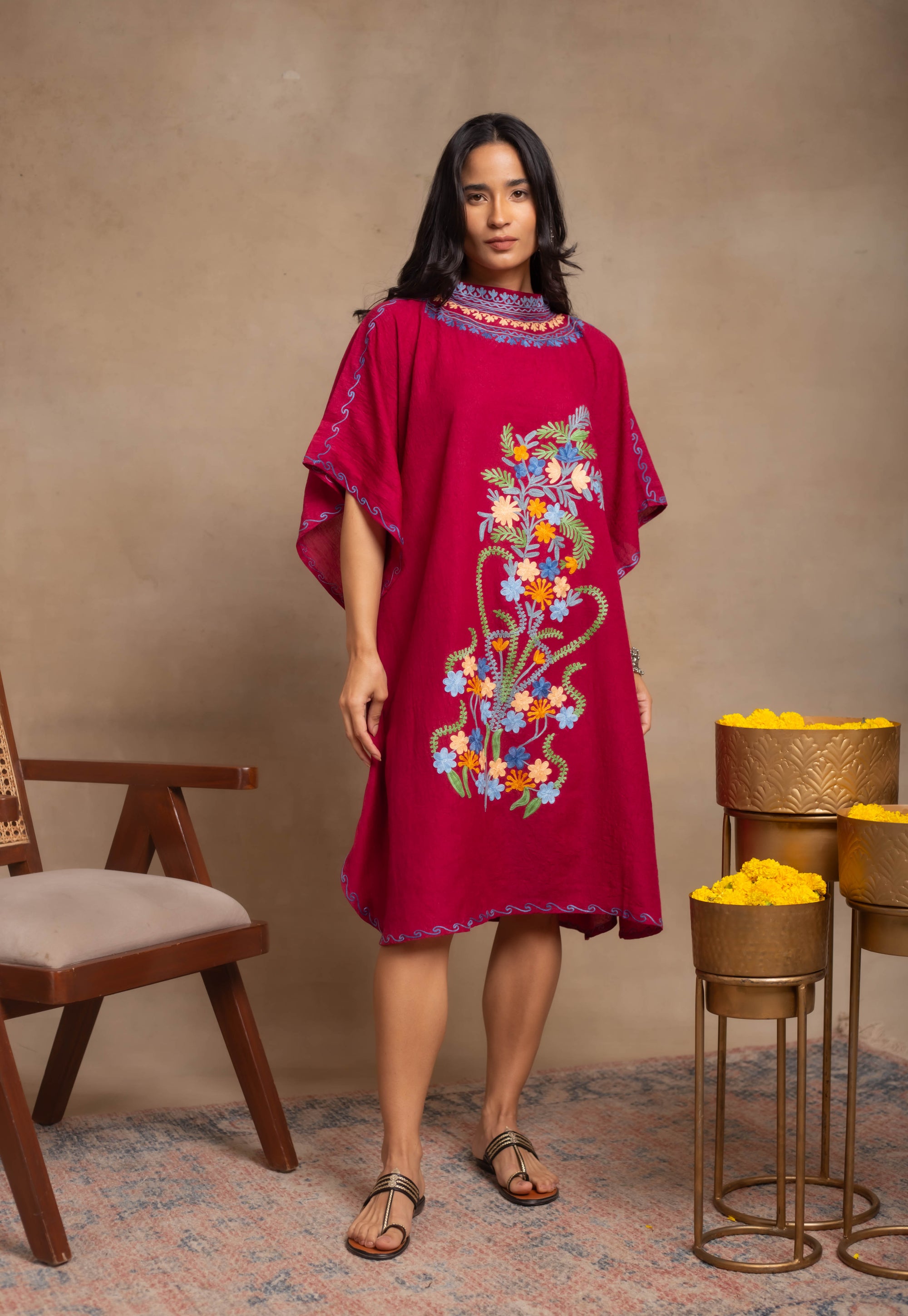 Beet_Red_Kashmiri_Summer_Short_Cotton_Kaftan_shop_Namastay