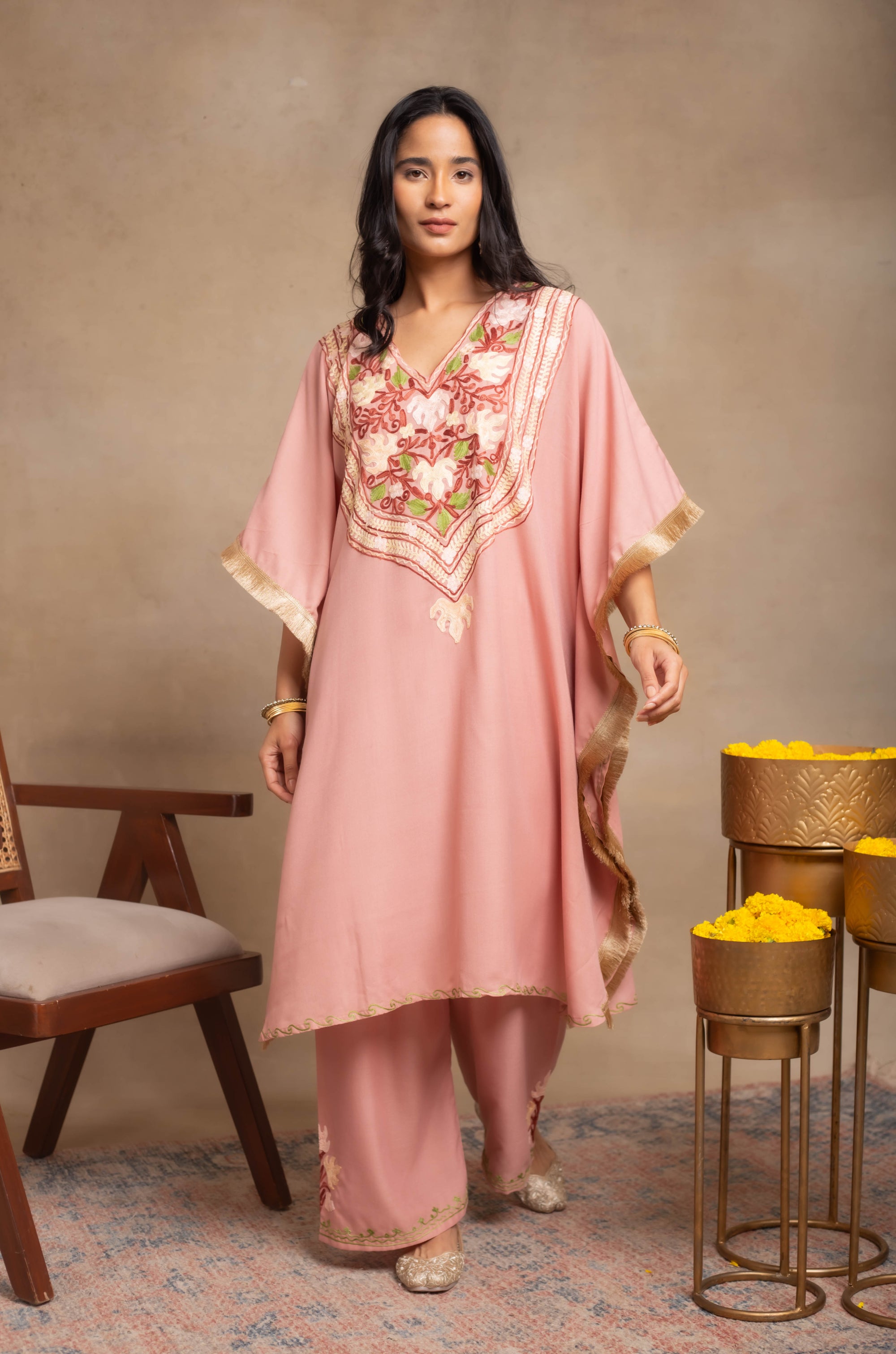 Heer_Pastel_Pink_Fringe_Kashmiri_Cotton_Kaftan_Coord_Set_shop_Namastay