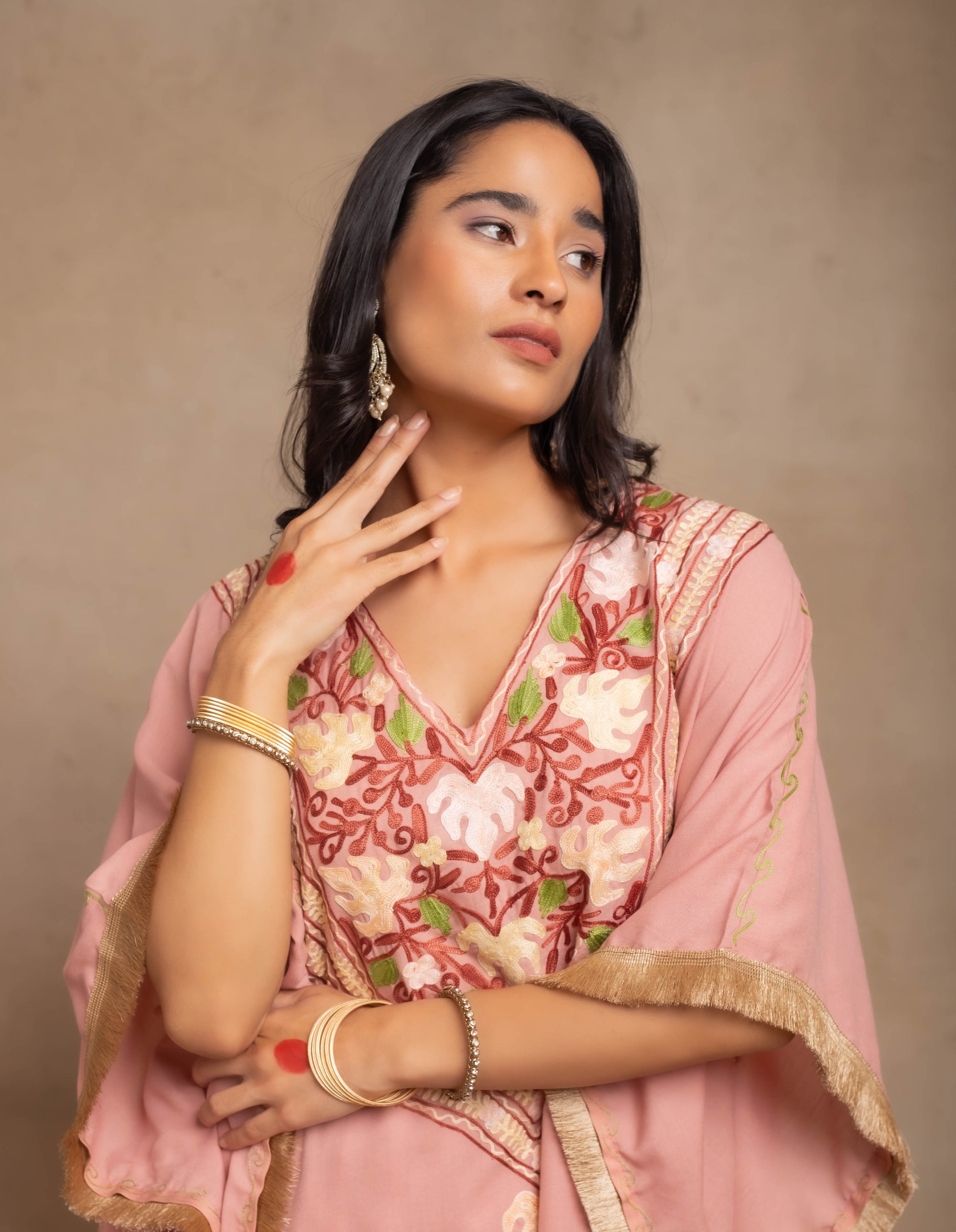 Heer_Pastel_Pink_Fringe_Kashmiri_Cotton_Kaftan_Coord_Set_shop_Namastay