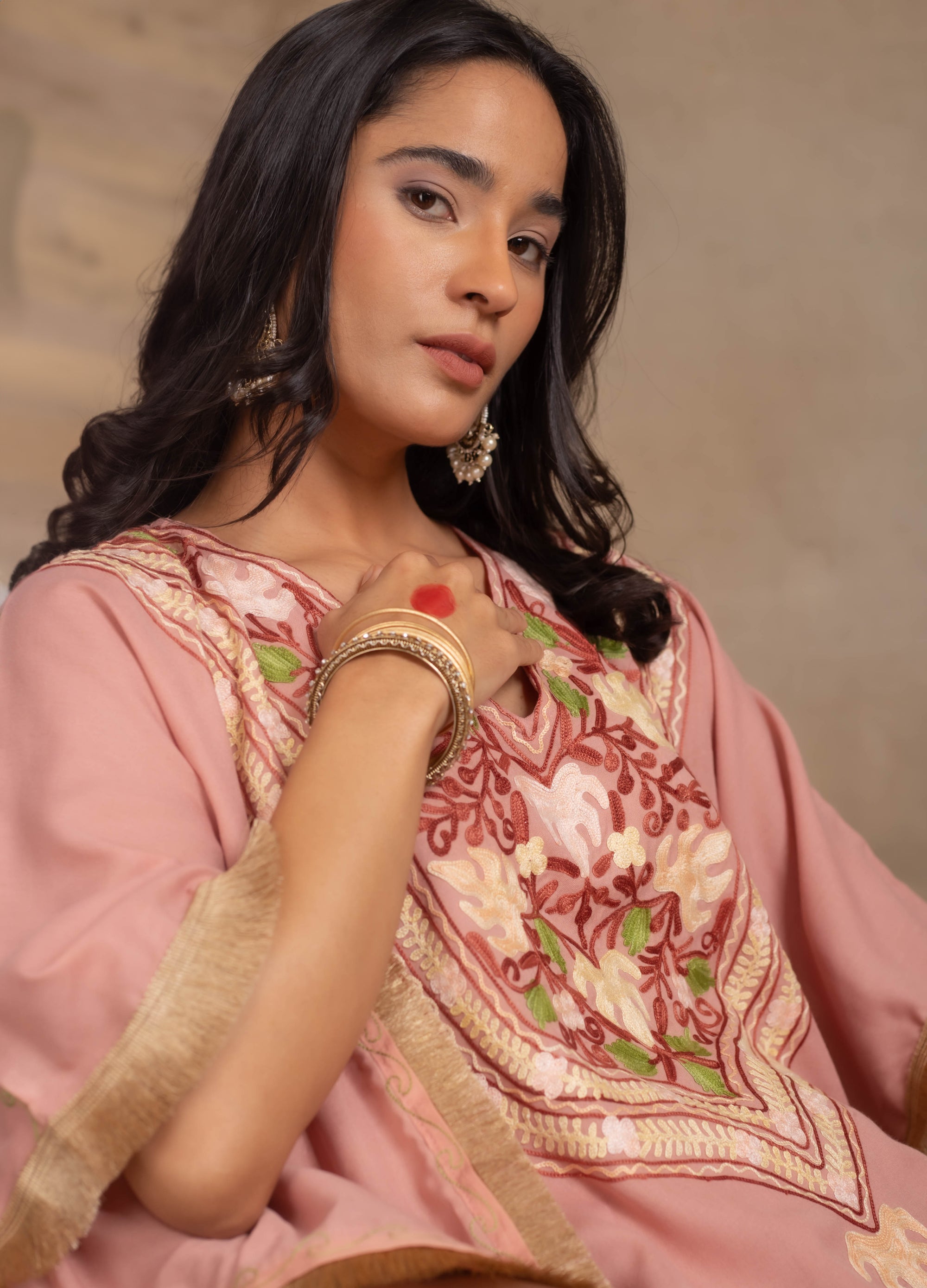 Heer_Pastel_Pink_Fringe_Kashmiri_Cotton_Kaftan_Coord_Set_shop_Namastay