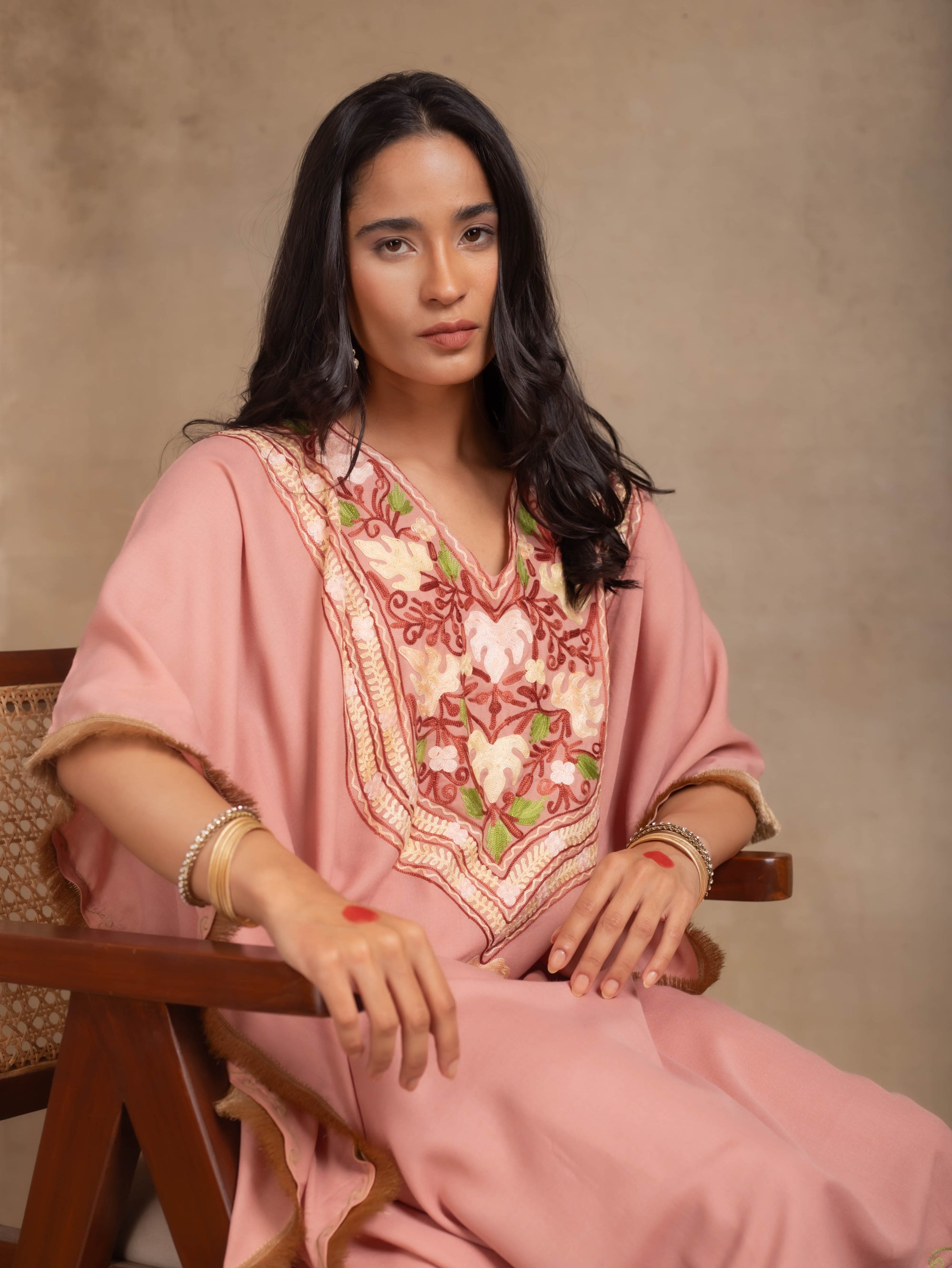 Heer Pastel Pink Fringe Kashmiri Cotton Kaftan Coord Set