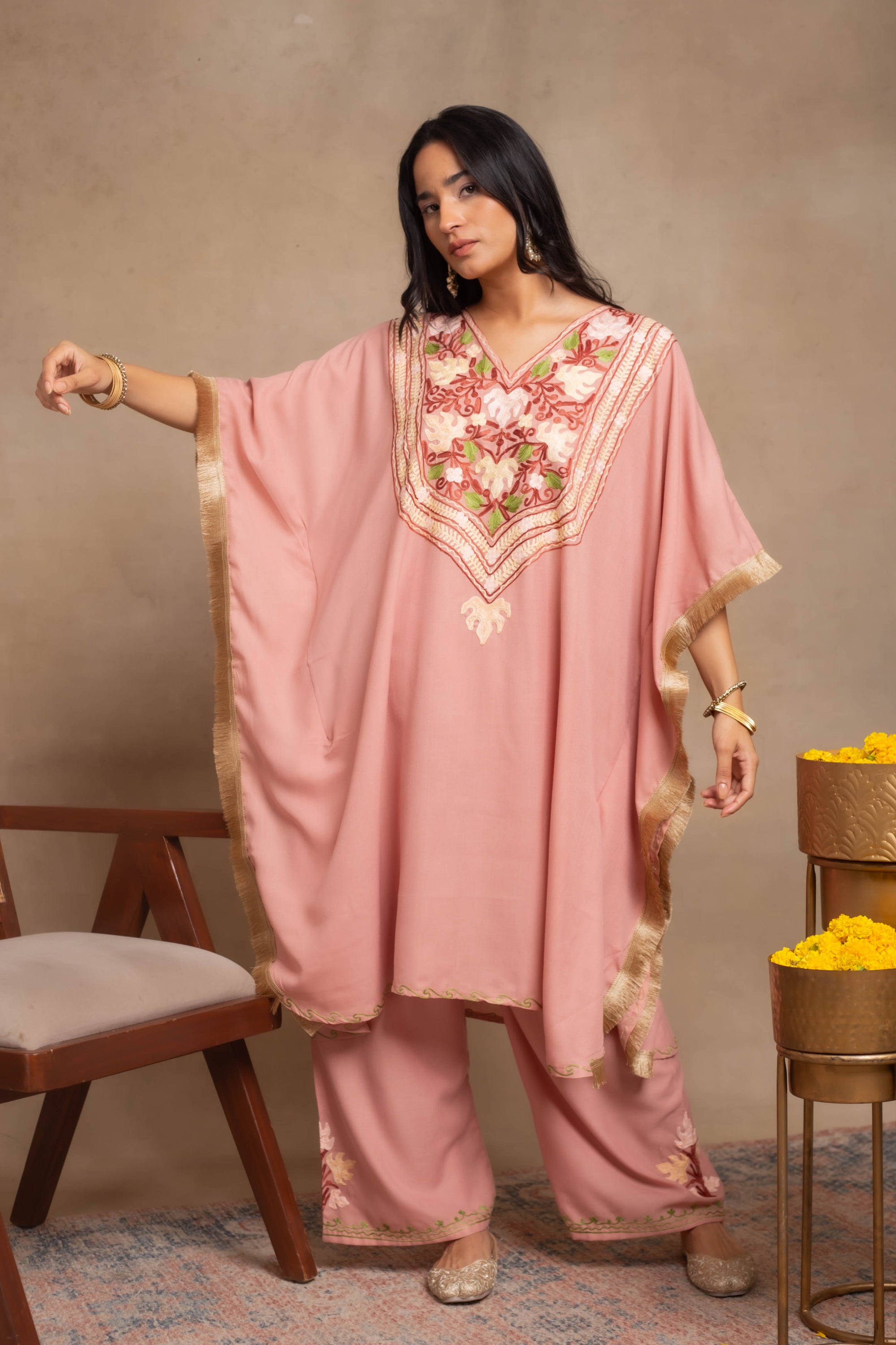 Heer Pastel Pink Fringe Kashmiri Cotton Kaftan Coord Set