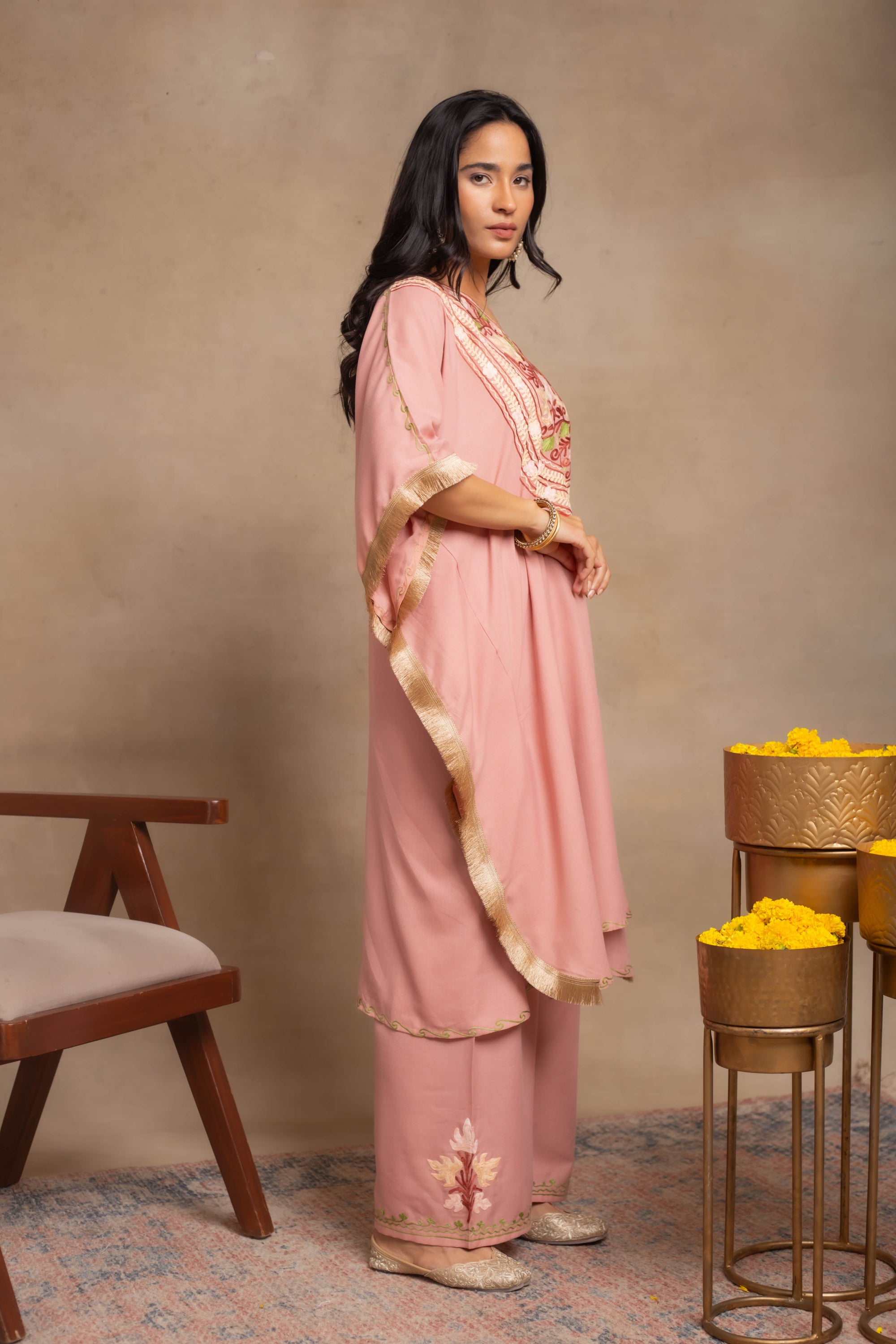 Heer Pastel Pink Fringe Kashmiri Cotton Kaftan Coord Set