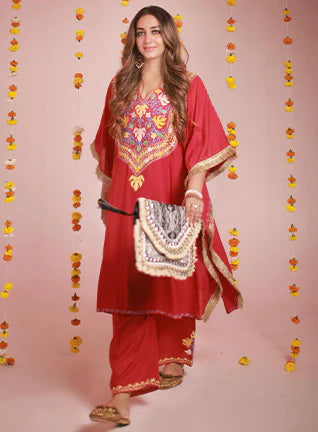 Myra Red Fringe Kashmiri Cotton Kaftan Coord Set